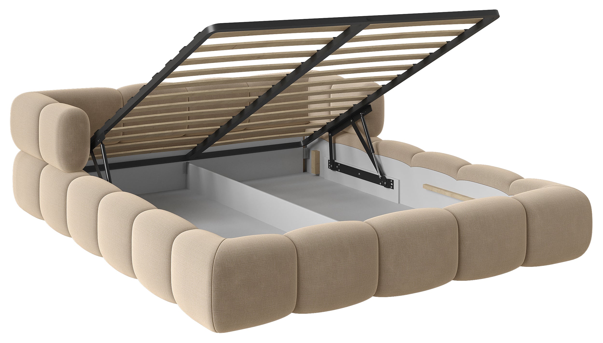 Upholstered bed 140x200 cm Stormi with storage, metal frame, beige chenille, hydrophobic, easy-clean
