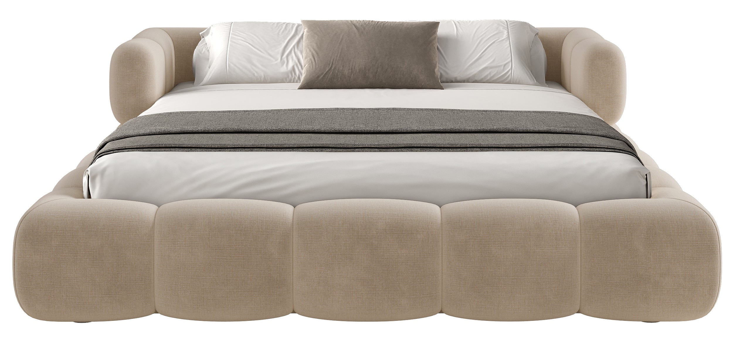Upholstered bed 160x200 cm Stormi roll-up slatted frame beige chenille hydrophobic easy-clean