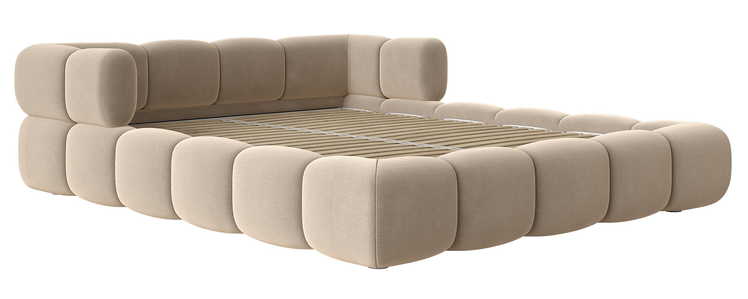 Upholstered bed 160x200 cm Stormi roll-up slatted frame beige chenille hydrophobic easy-clean
