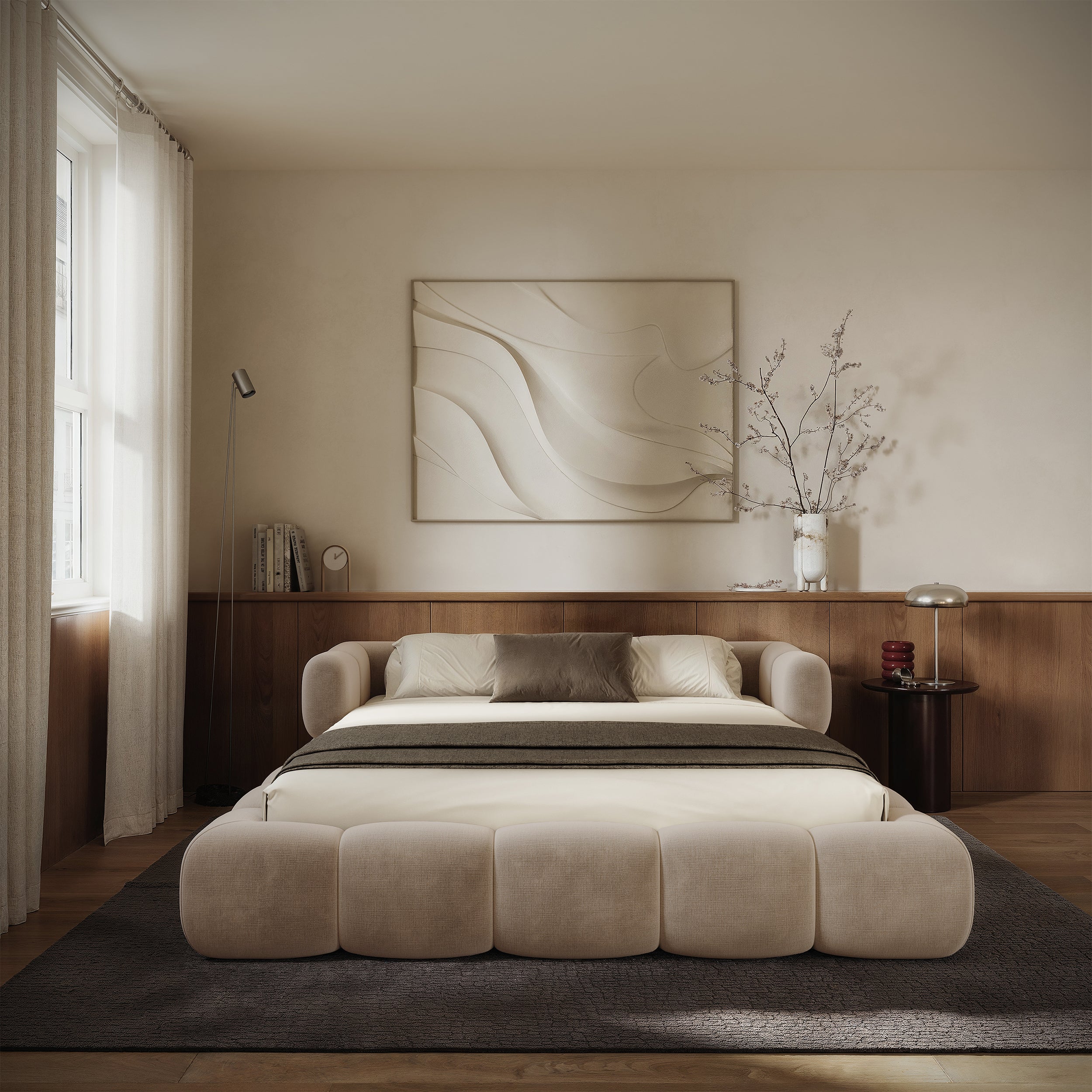 Upholstered bed 160x200 cm Stormi roll-up slatted frame beige chenille hydrophobic easy-clean