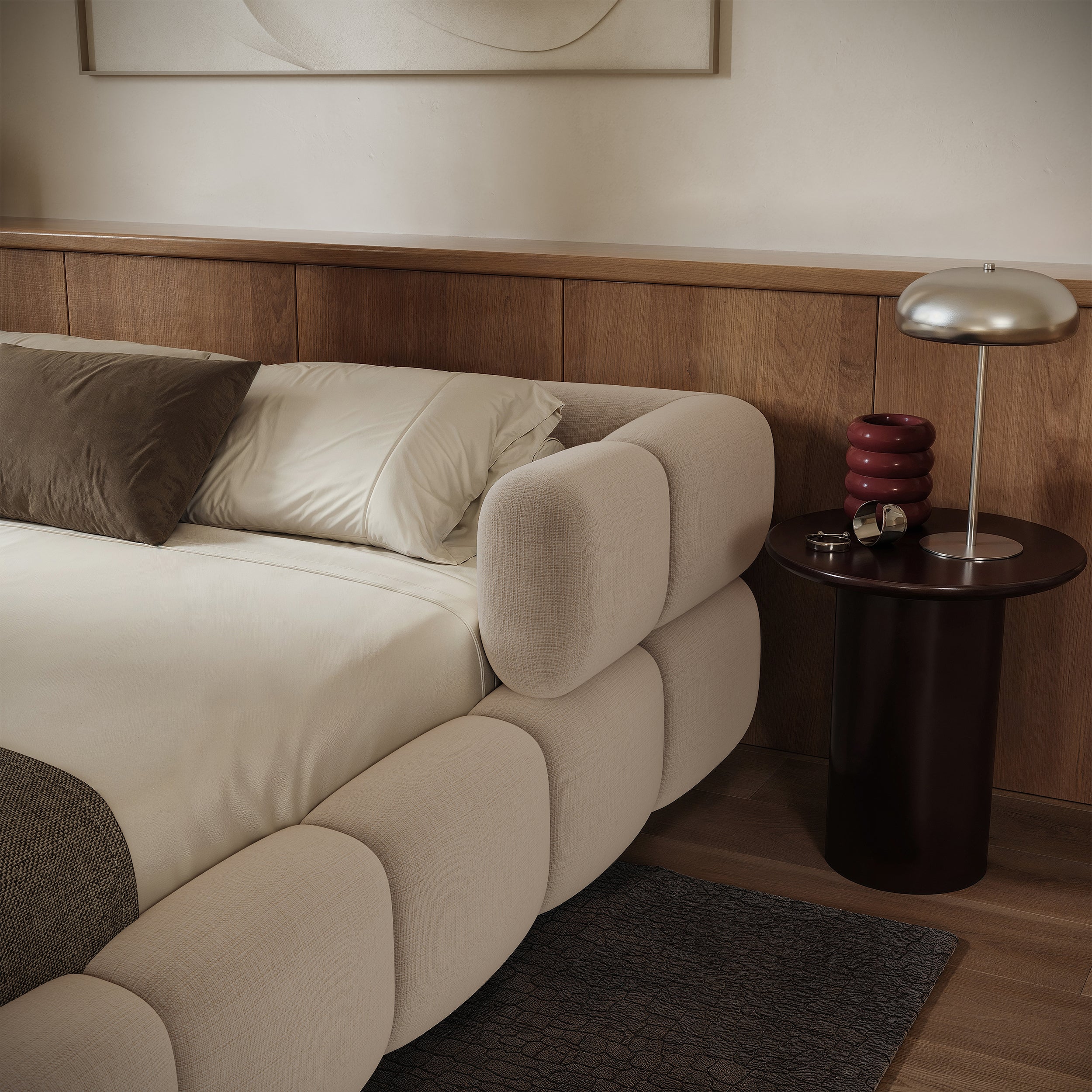 Upholstered bed 160x200 cm Stormi roll-up slatted frame beige chenille hydrophobic easy-clean