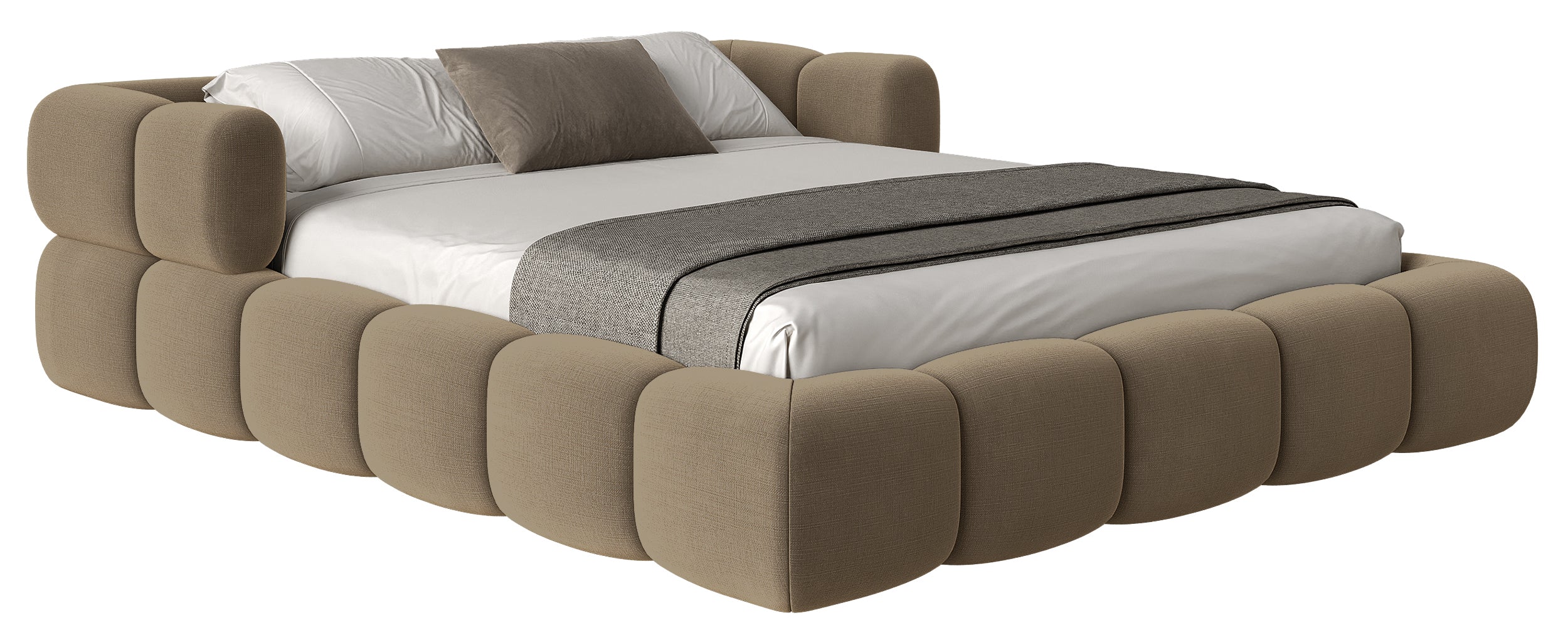 Upholstered bed 140x200 cm Stormi with storage, metal frame, light brown chenille, hydrophobic, easy-clean