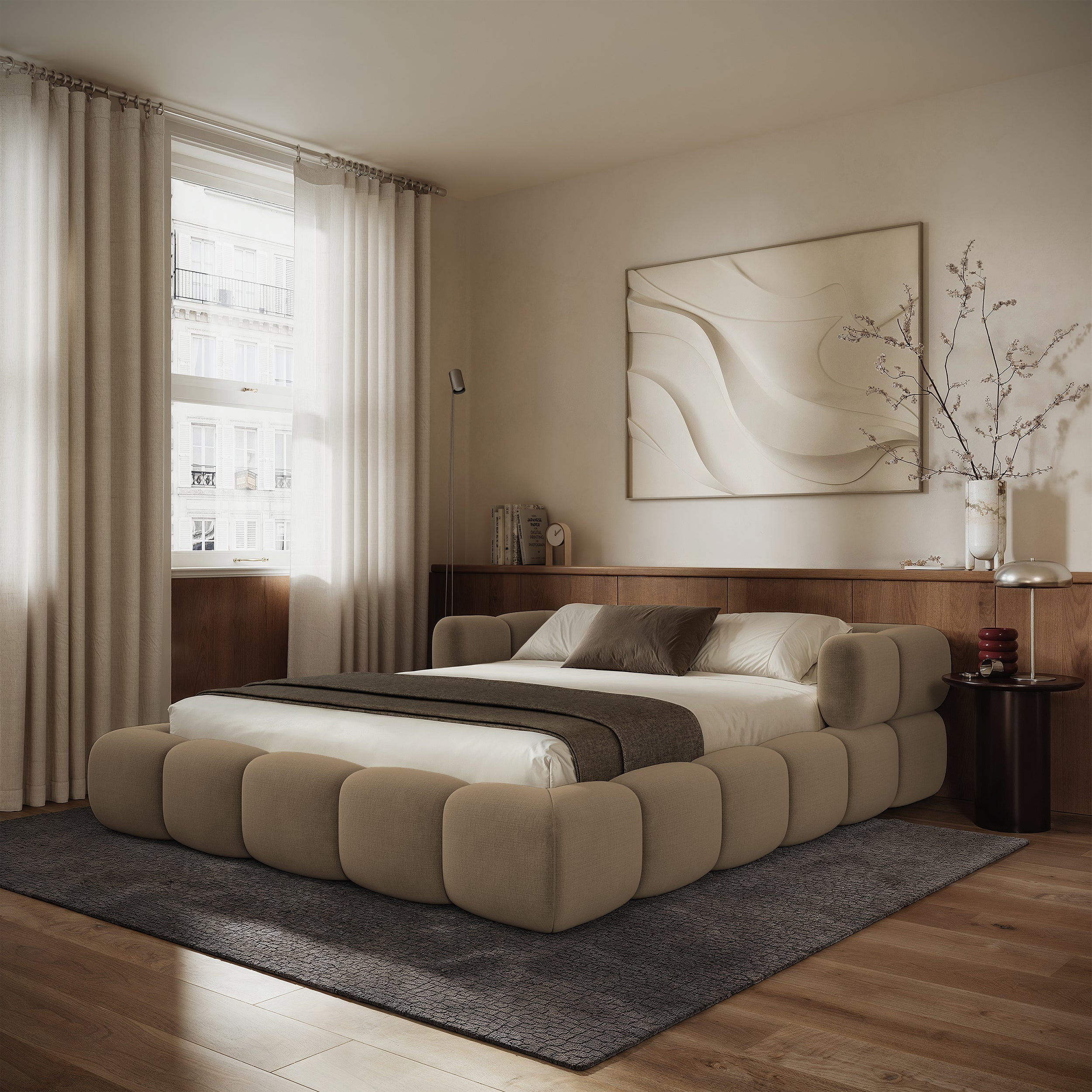 Upholstered bed 140x200 cm Stormi with storage, metal frame, light brown chenille, hydrophobic, easy-clean