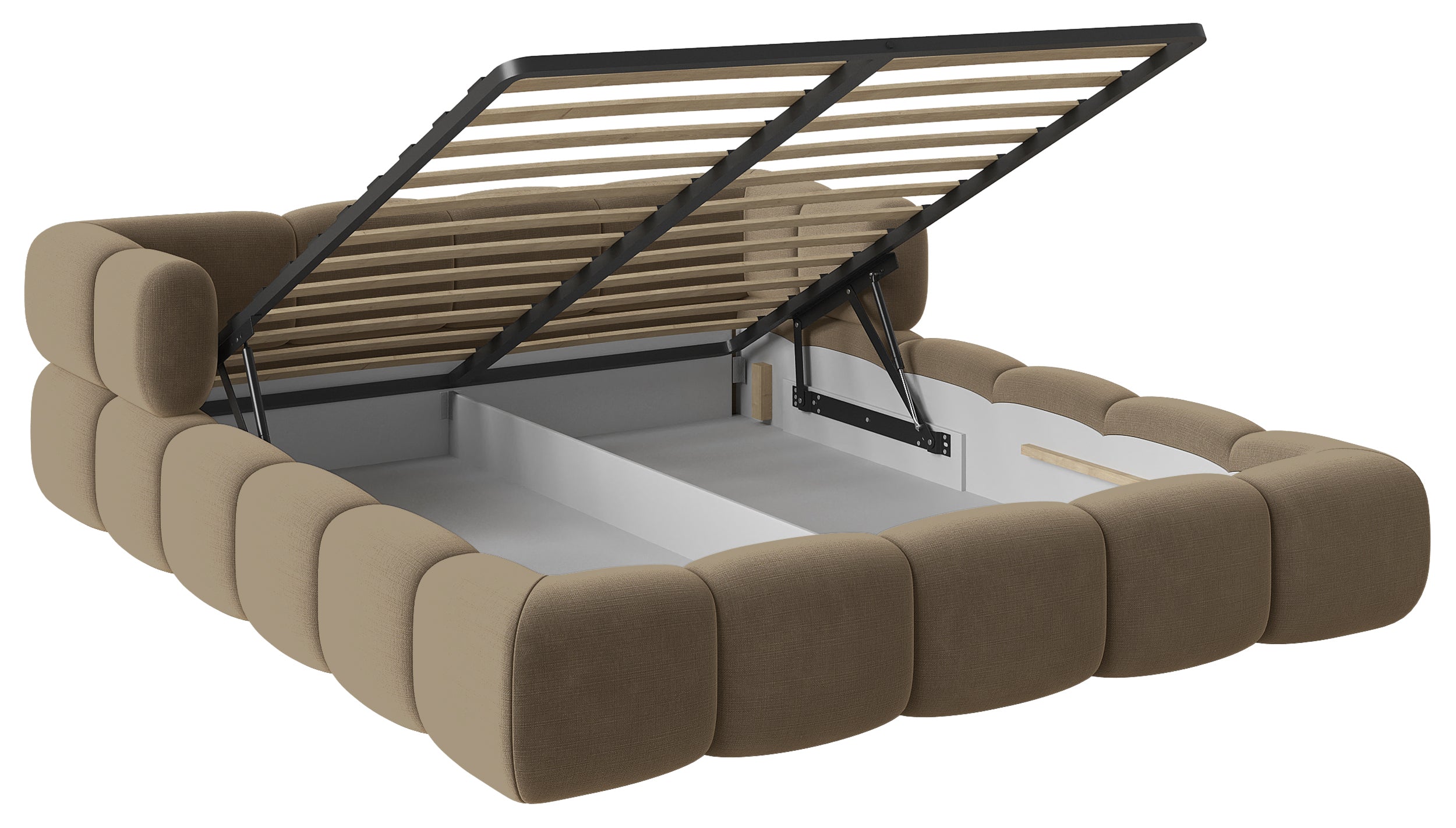 Upholstered bed 140x200 cm Stormi with storage, metal frame, light brown chenille, hydrophobic, easy-clean