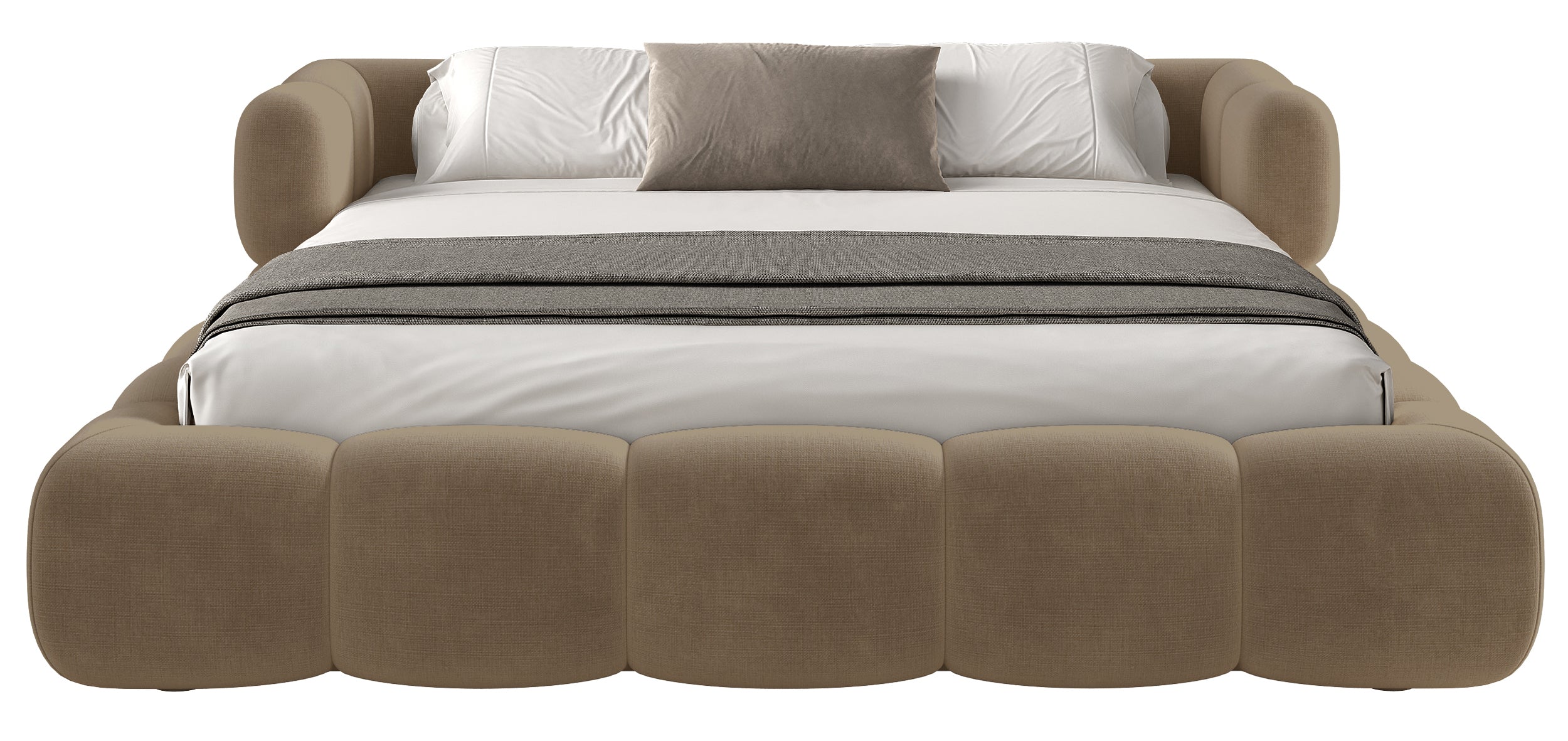 Upholstered bed 140x200 cm Stormi with storage, metal frame, light brown chenille, hydrophobic, easy-clean