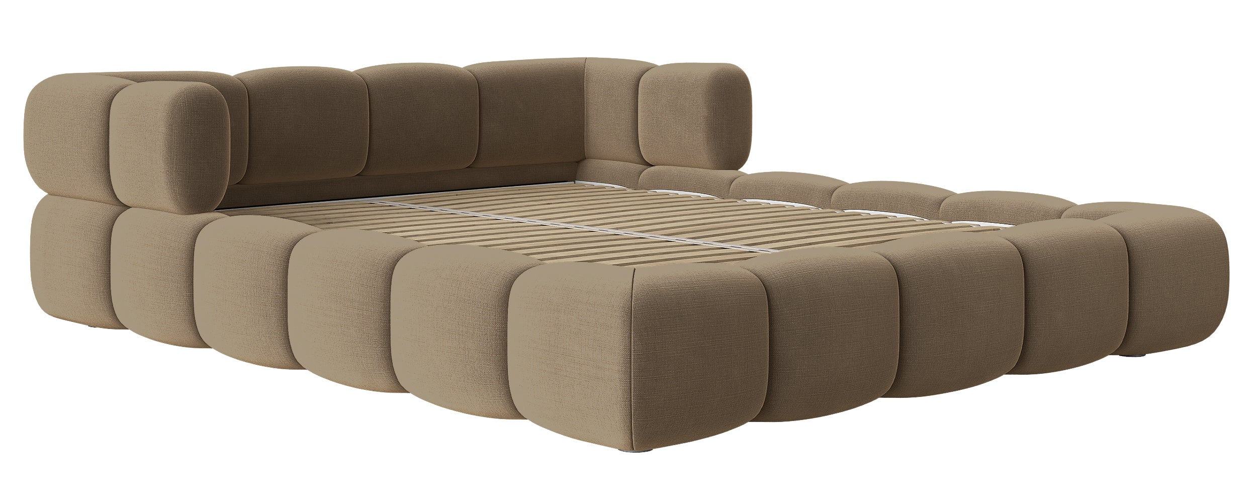 Upholstered bed 160x200 cm Stormi, rollable frame, light brown hydrophobic chenille, easy-clean