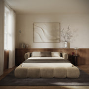 Upholstered bed 200x200 cm Stormi, roll-up slatted frame, light brown hydrophobic chenille, easy-clean