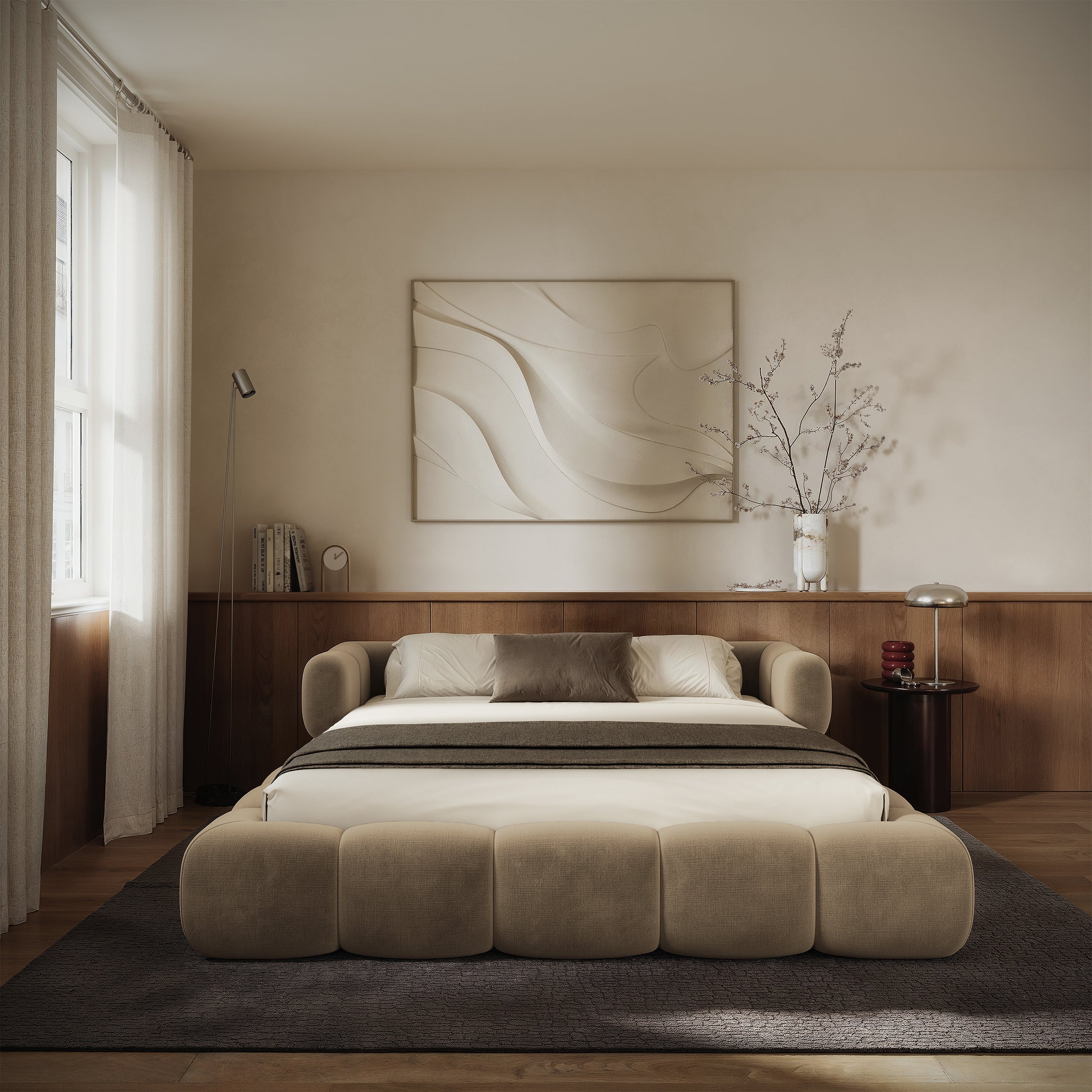 Upholstered bed 140x200 cm Stormi with storage, metal frame, light brown chenille, hydrophobic, easy-clean