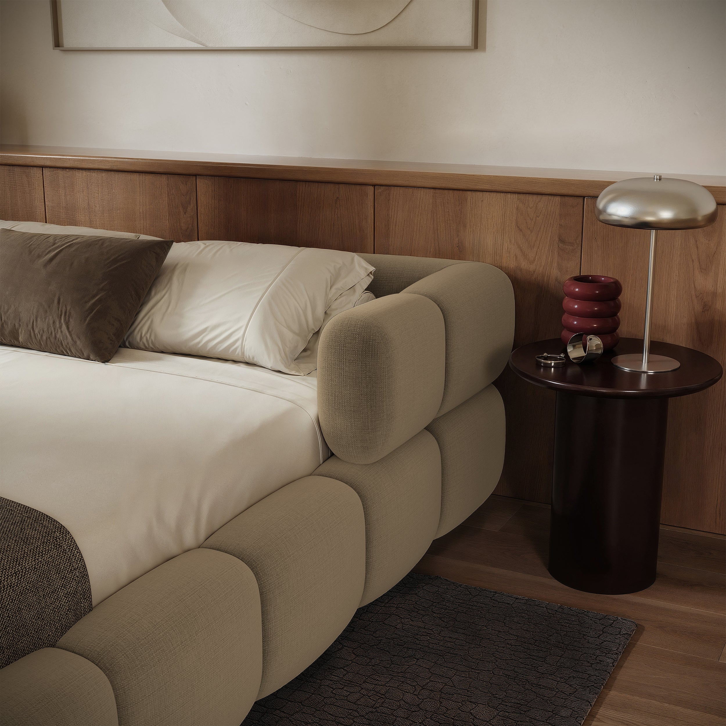 Upholstered bed 140x200 cm Stormi with storage, metal frame, light brown chenille, hydrophobic, easy-clean