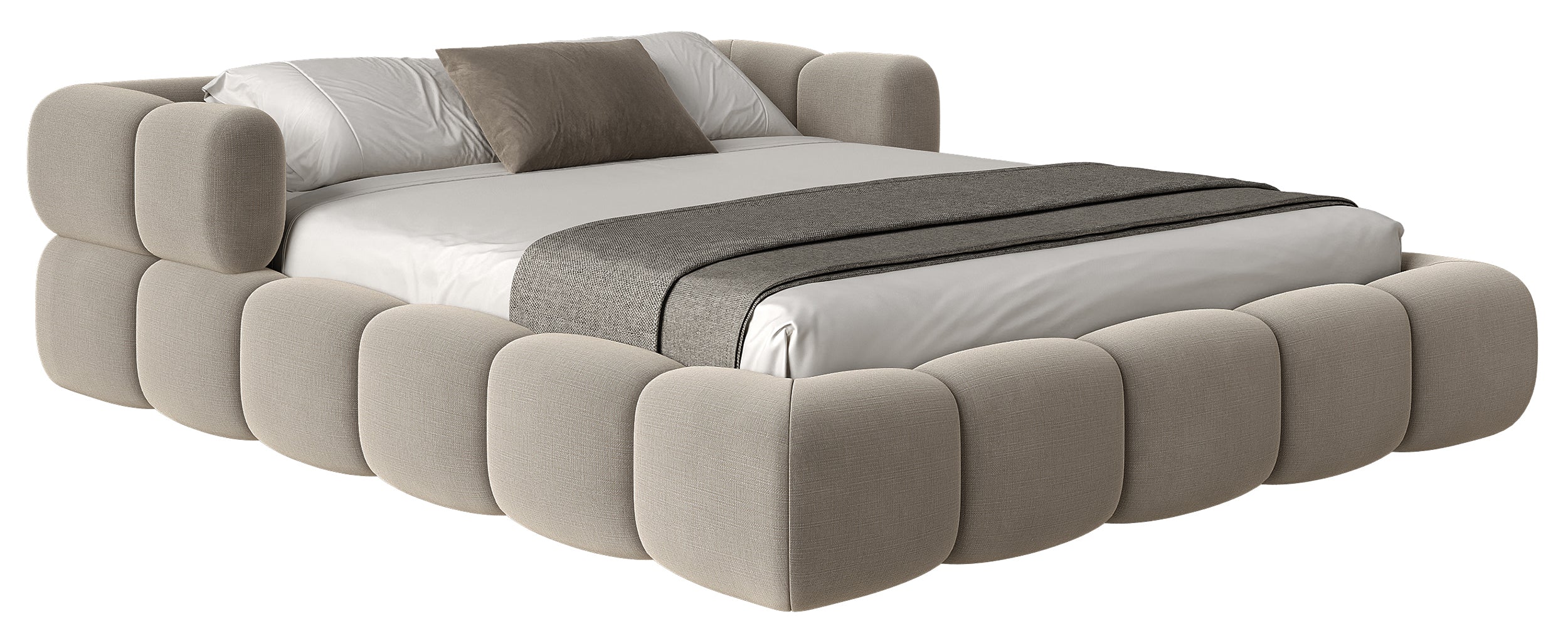 Upholstered bed 140x200 cm Stormi, roll-up slatted frame, light grey hydrophobic chenille, easy-clean