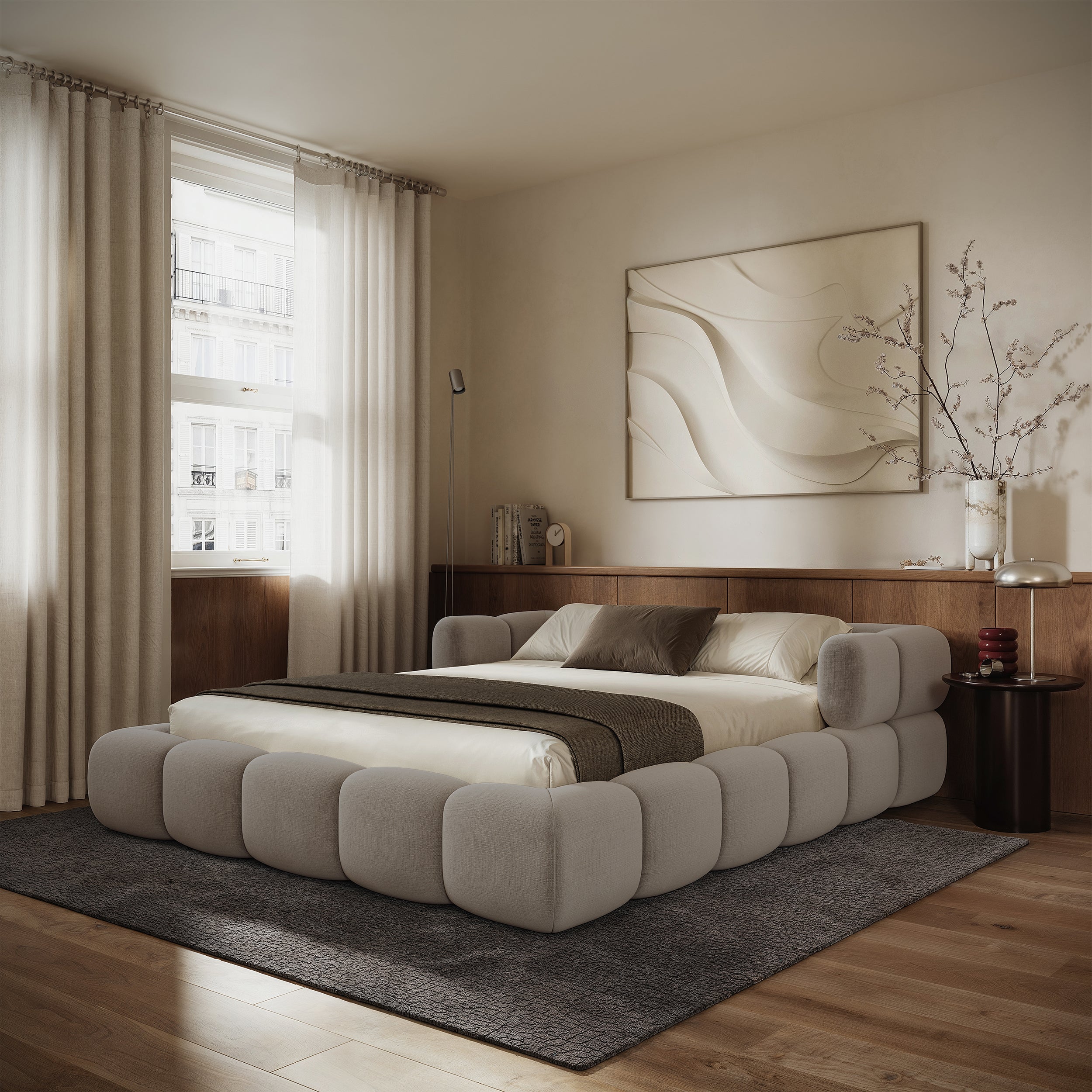 Upholstered bed 140x200 cm Stormi, roll-up slatted frame, light grey hydrophobic chenille, easy-clean