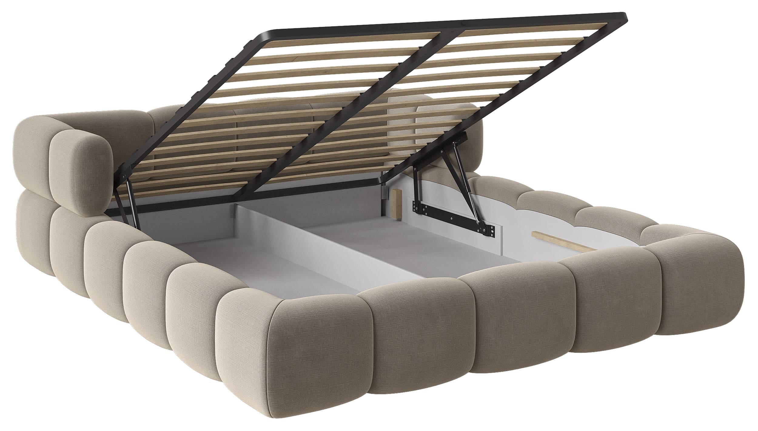 Upholstered bed 200x200 cm Stormi with storage, metal frame, gray-beige chenille, hydrophobic, easy-clean