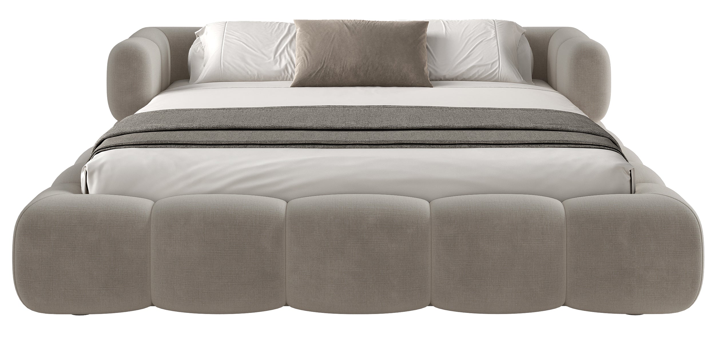 Upholstered bed 140x200 cm Stormi, roll-up slatted frame, light grey hydrophobic chenille, easy-clean