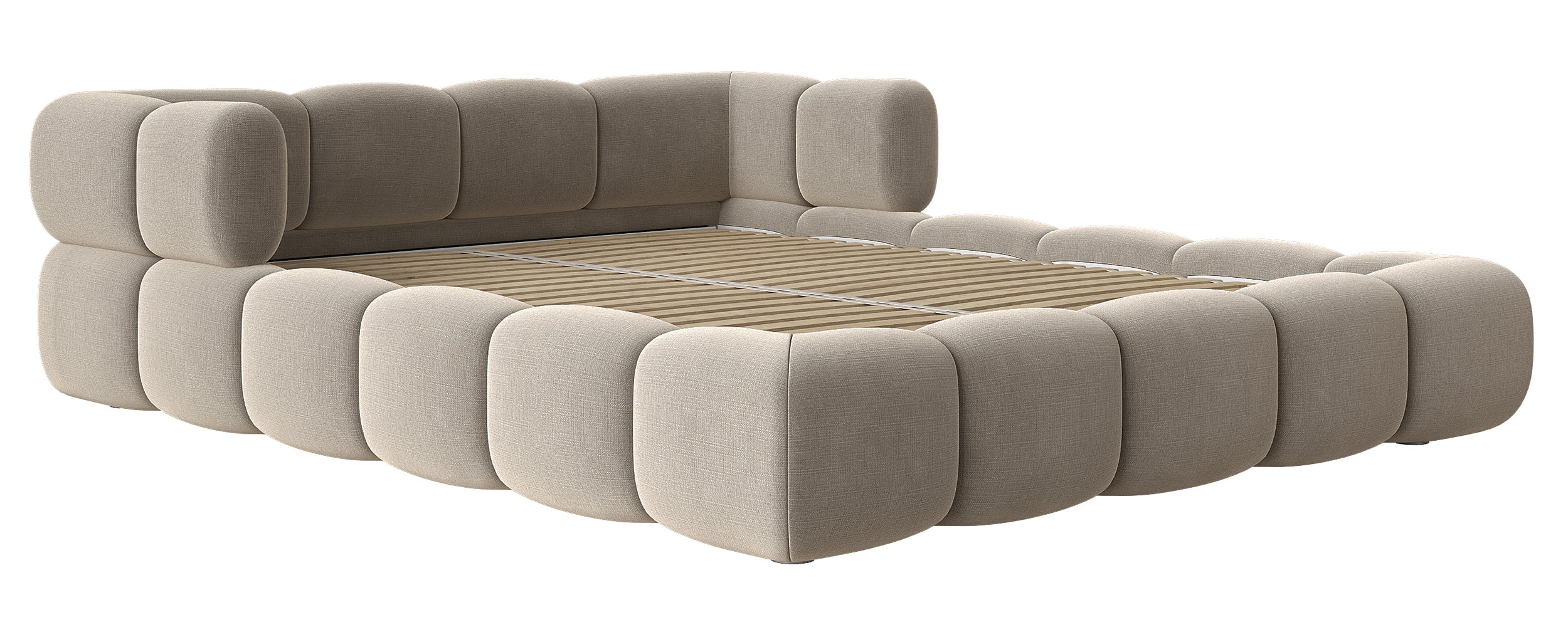 Upholstered bed 140x200 cm Stormi, roll-up slatted frame, light grey hydrophobic chenille, easy-clean
