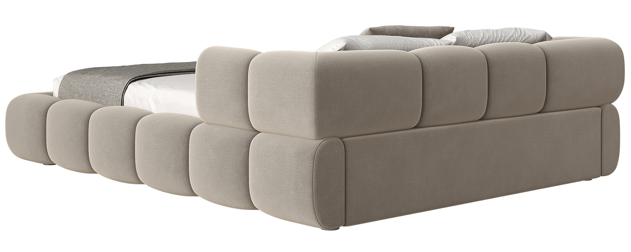Upholstered bed 140x200 cm Stormi, roll-up slatted frame, light grey hydrophobic chenille, easy-clean