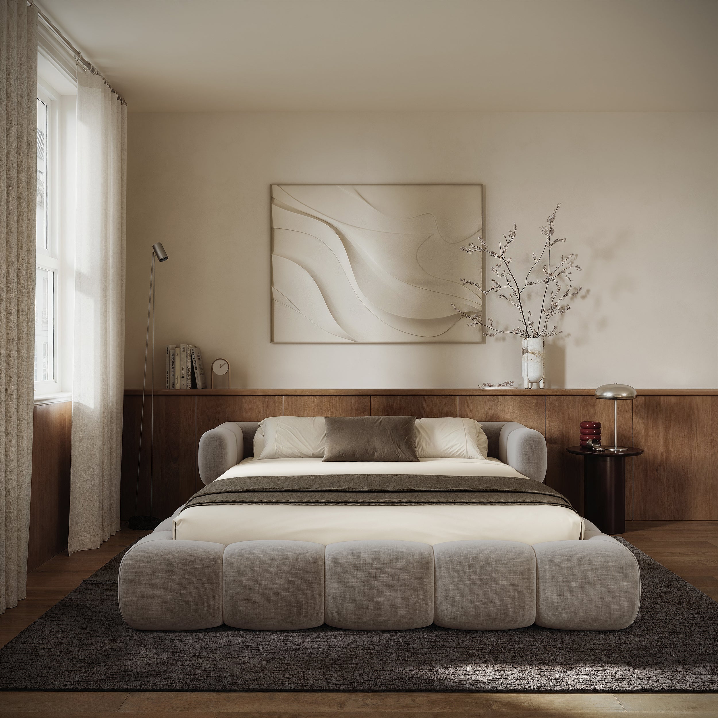 Upholstered bed 140x200 cm Stormi, roll-up slatted frame, light grey hydrophobic chenille, easy-clean