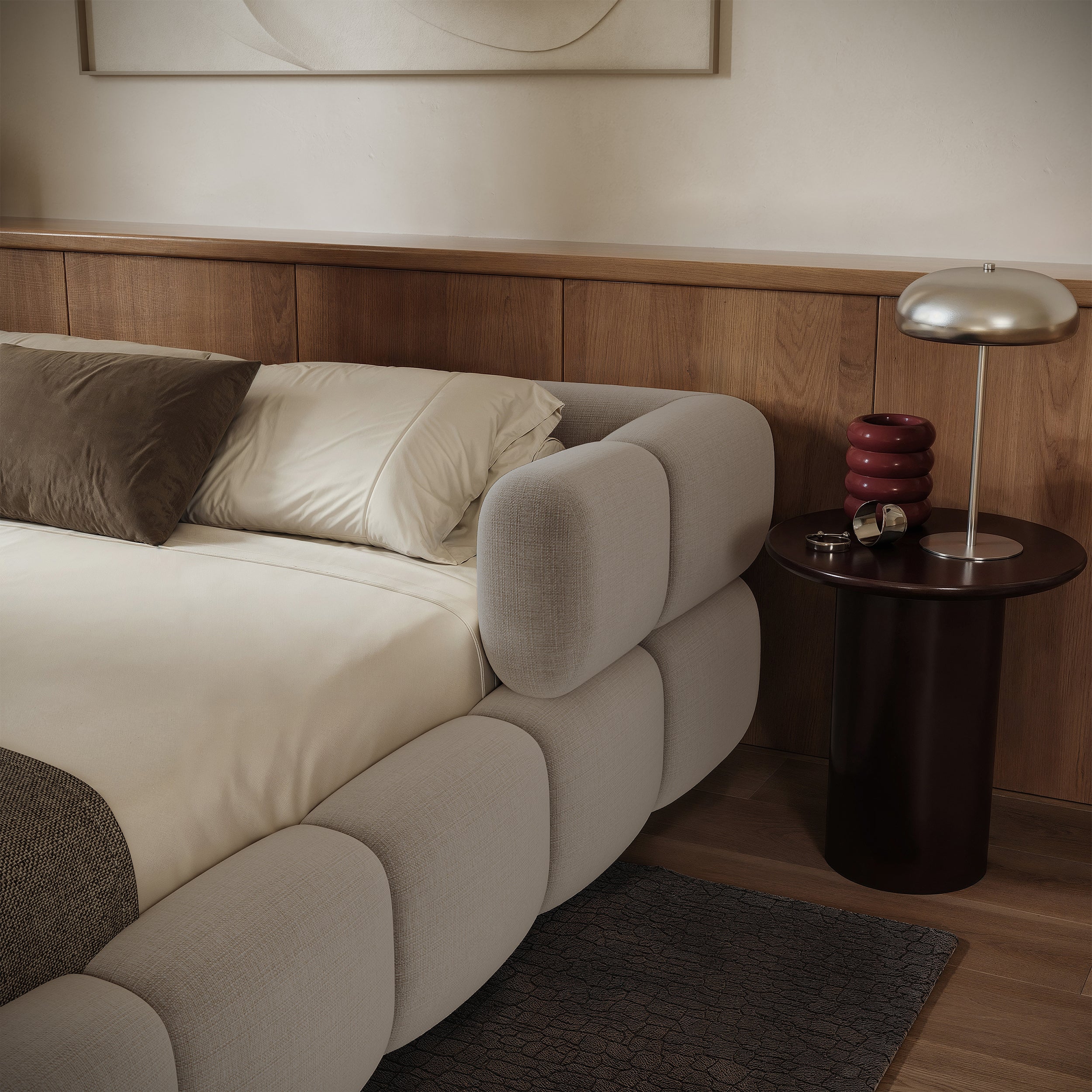 Upholstered bed 140x200 cm Stormi, roll-up slatted frame, light grey hydrophobic chenille, easy-clean