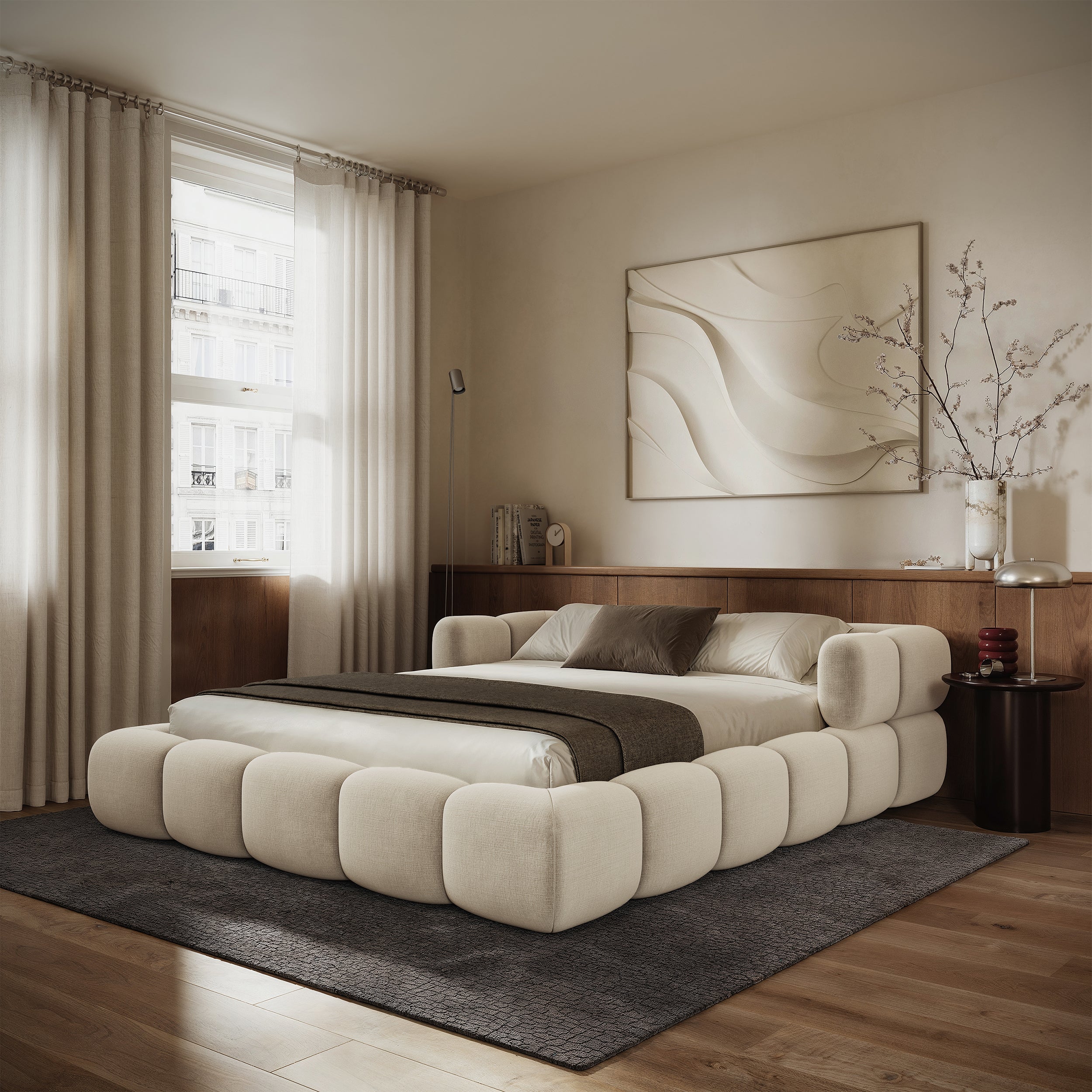 Upholstered bed 180x200 cm Stormi roll-up frame cream chenille hydrophobic easy-clean