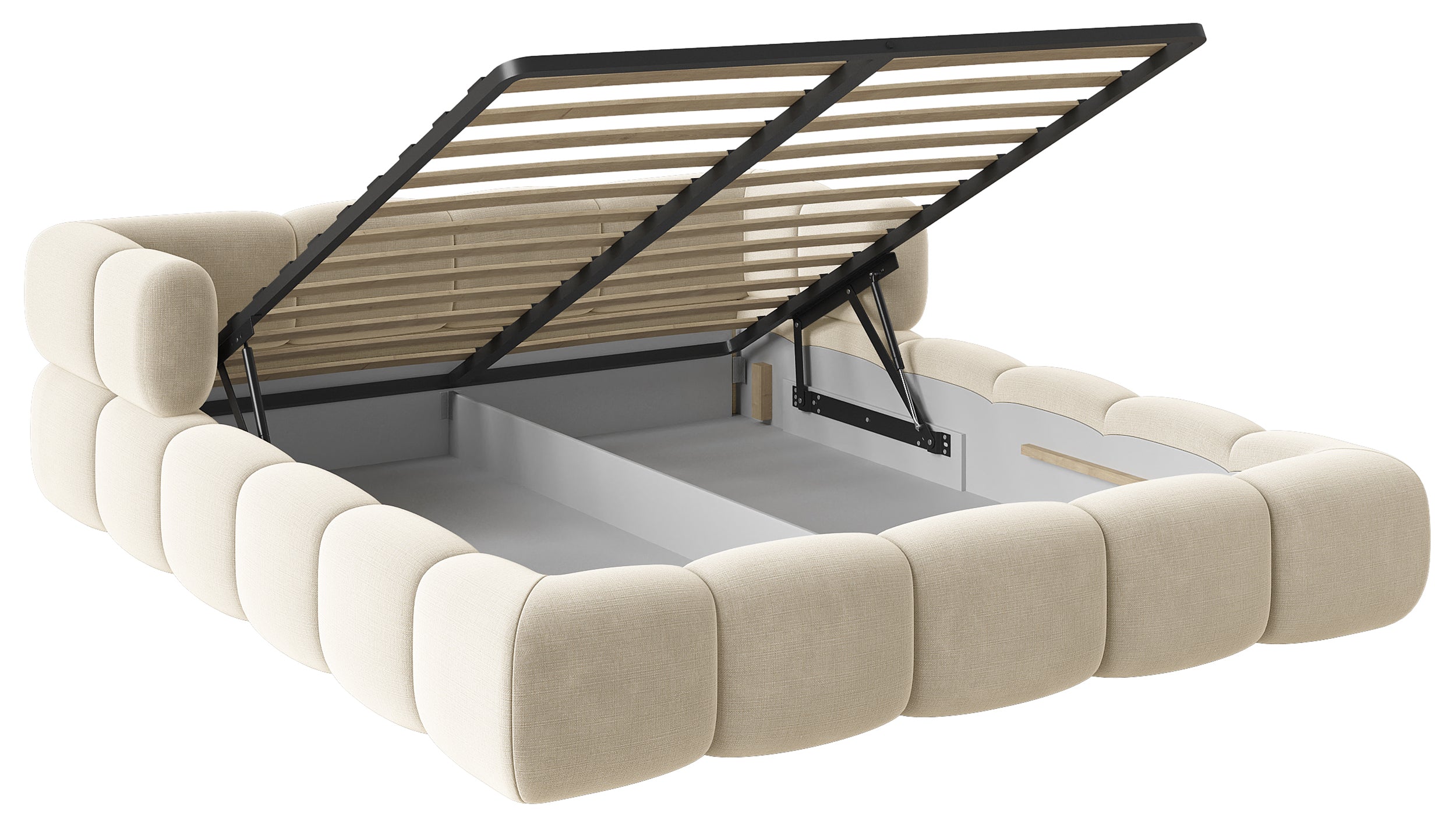 Upholstered bed 140x200 cm Stormi with storage, metal frame, cream chenille, hydrophobic, easy-clean