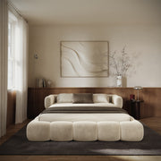 Upholstered bed 200x200 cm Stormi, roll-up slatted frame, cream chenille, hydrophobic, easy-clean