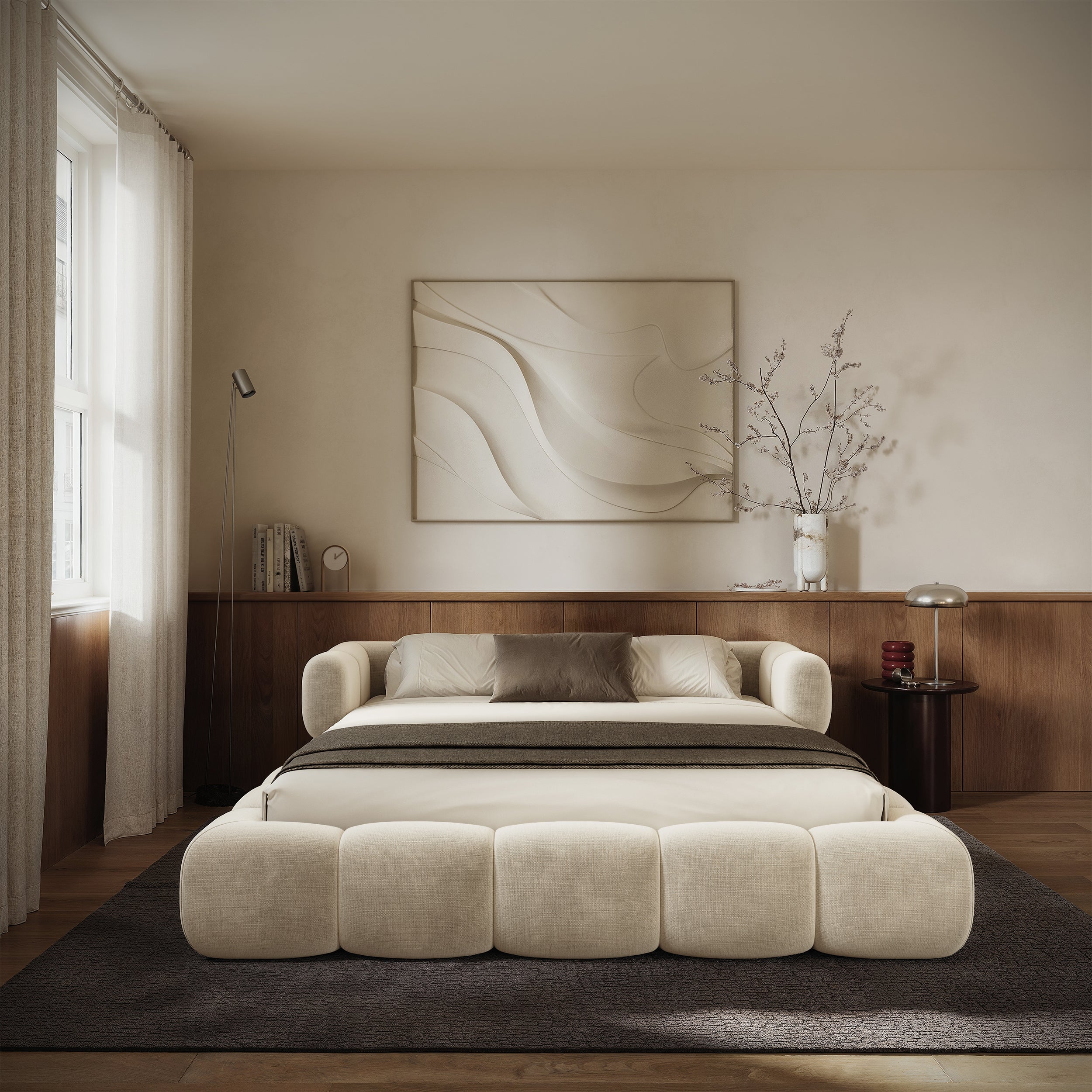 Upholstered bed 180x200 cm Stormi roll-up frame cream chenille hydrophobic easy-clean