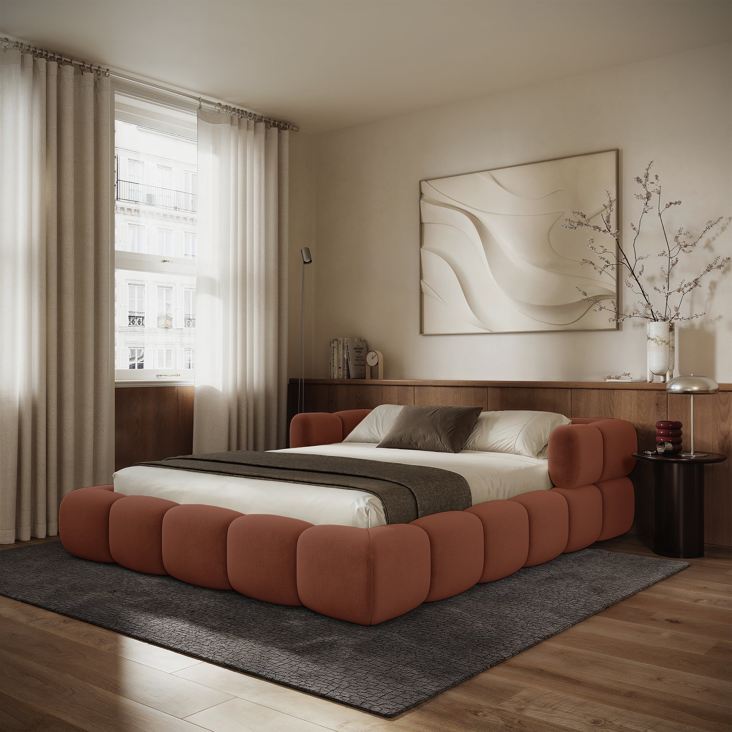 Upholstered bed 160x200 cm Stormi, rollable frame, copper chenille, hydrophobic, easy-clean