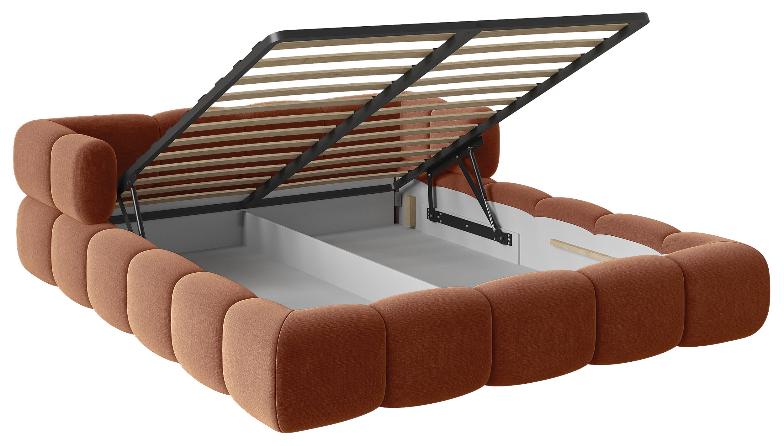 Upholstered bed 140x200 cm Stormi with storage, metal frame, copper chenille, hydrophobic, easy-clean