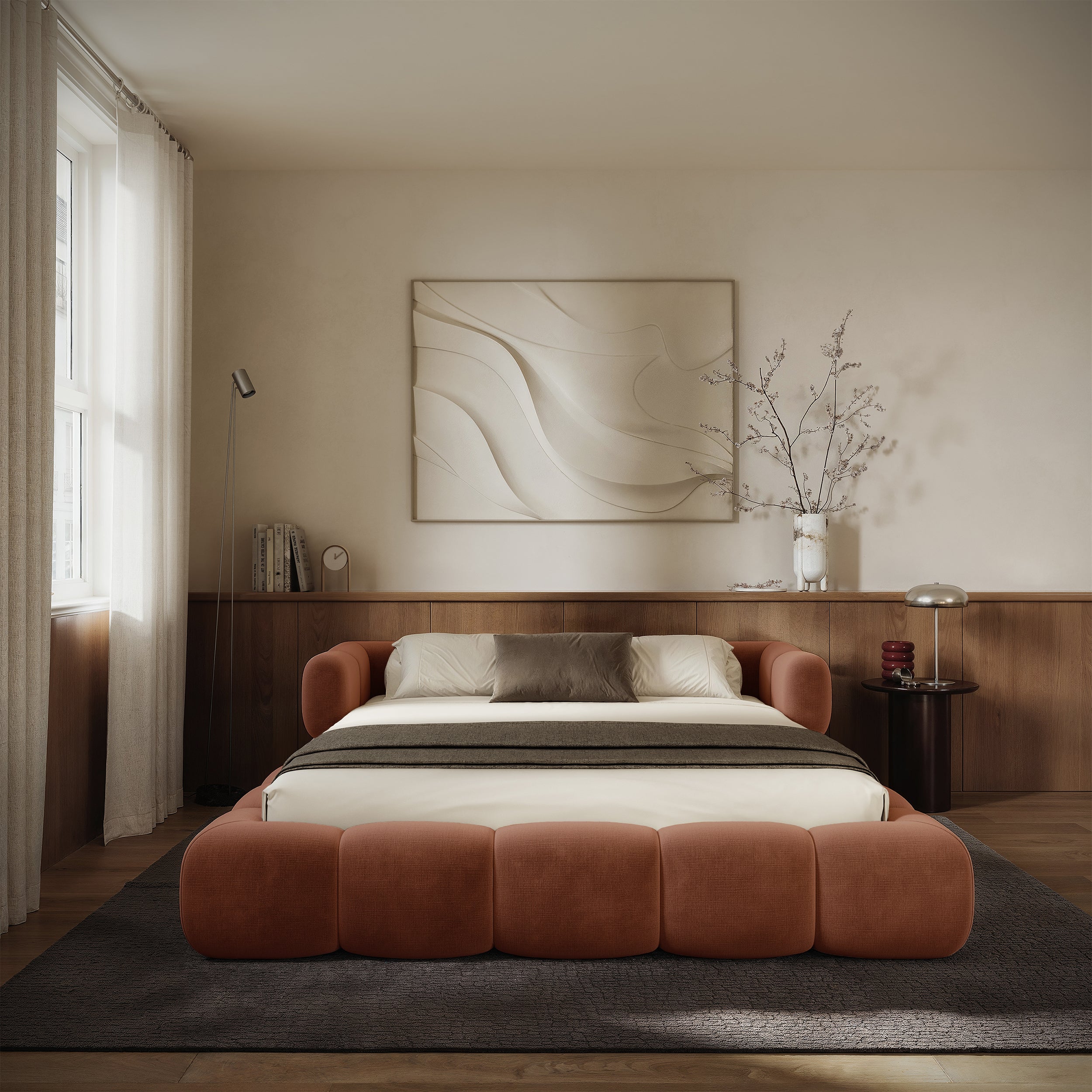Upholstered bed 160x200 cm Stormi, rollable frame, copper chenille, hydrophobic, easy-clean
