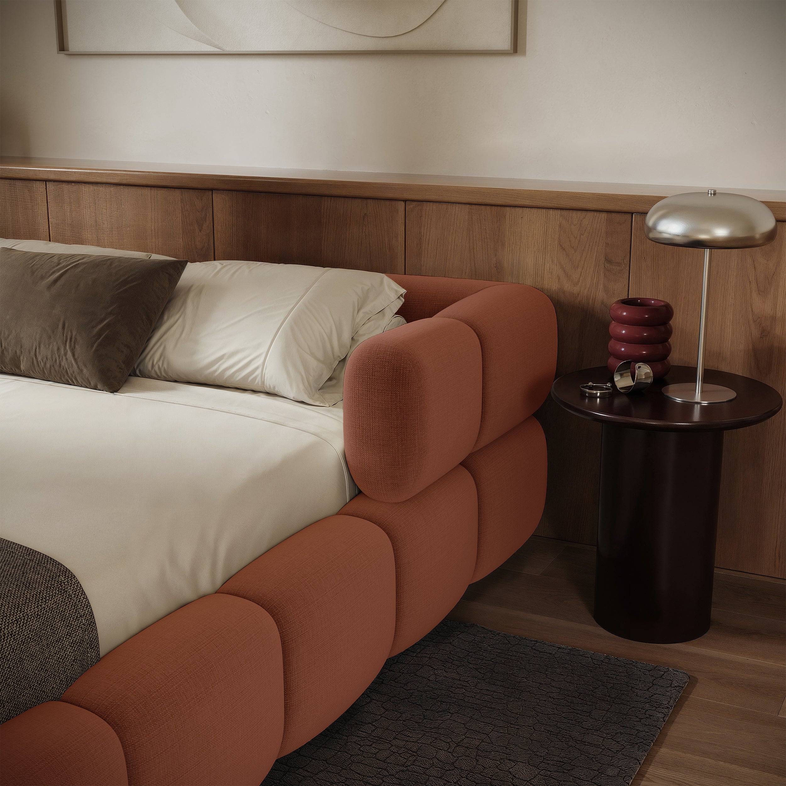Upholstered bed 160x200 cm Stormi, rollable frame, copper chenille, hydrophobic, easy-clean