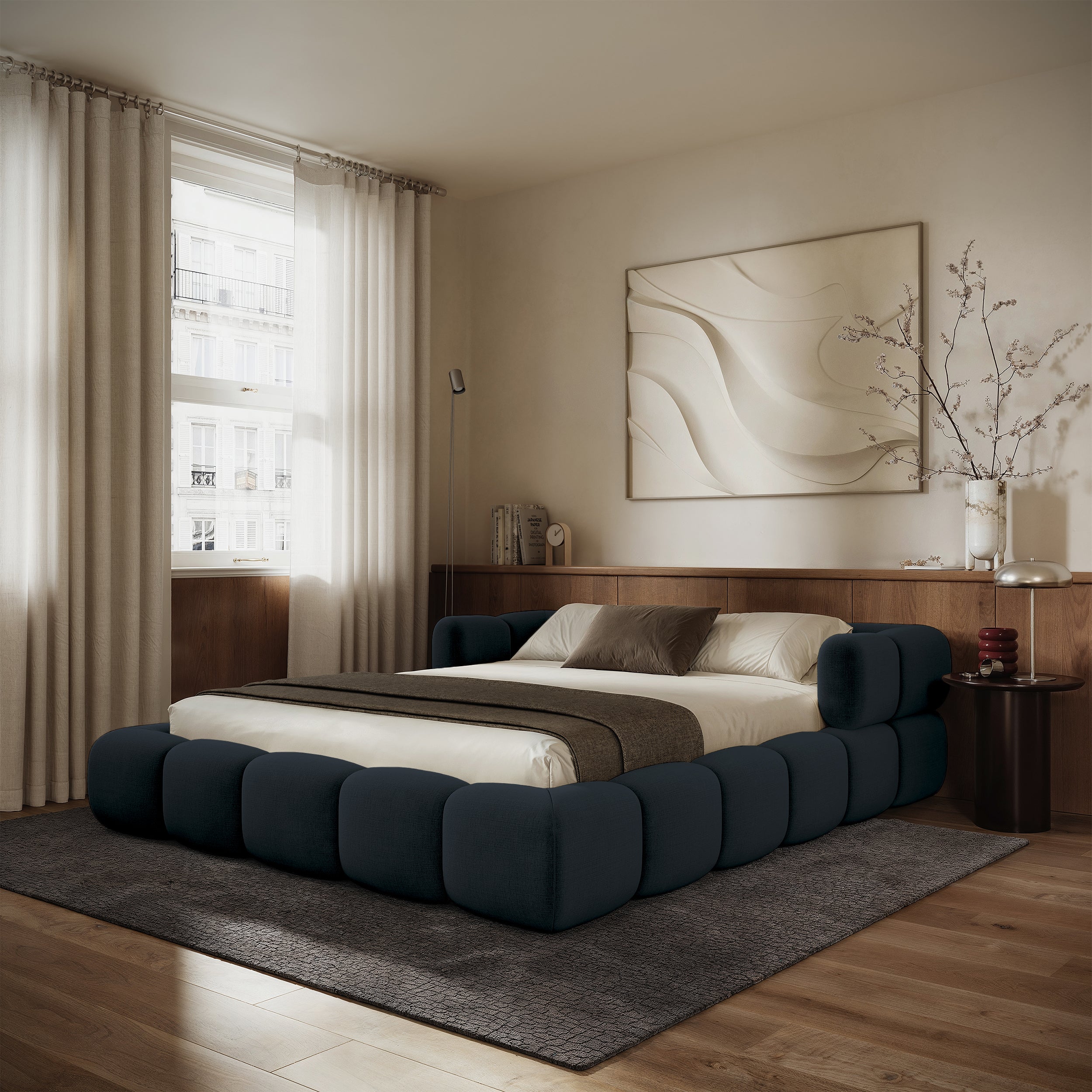 Upholstered bed 140x200 cm Stormi rollable frame navy chenille hydrophobic easy-clean