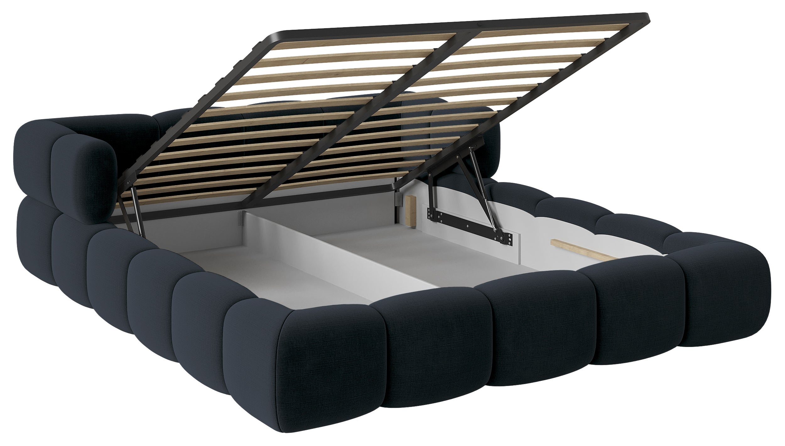 Upholstered bed 140x200 cm Stormi with storage, metal frame, navy blue hydrophobic chenille, easy-clean