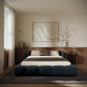 Upholstered bed 200x200 cm Stormi, rollable frame, navy blue chenille, hydrophobic, easy-clean
