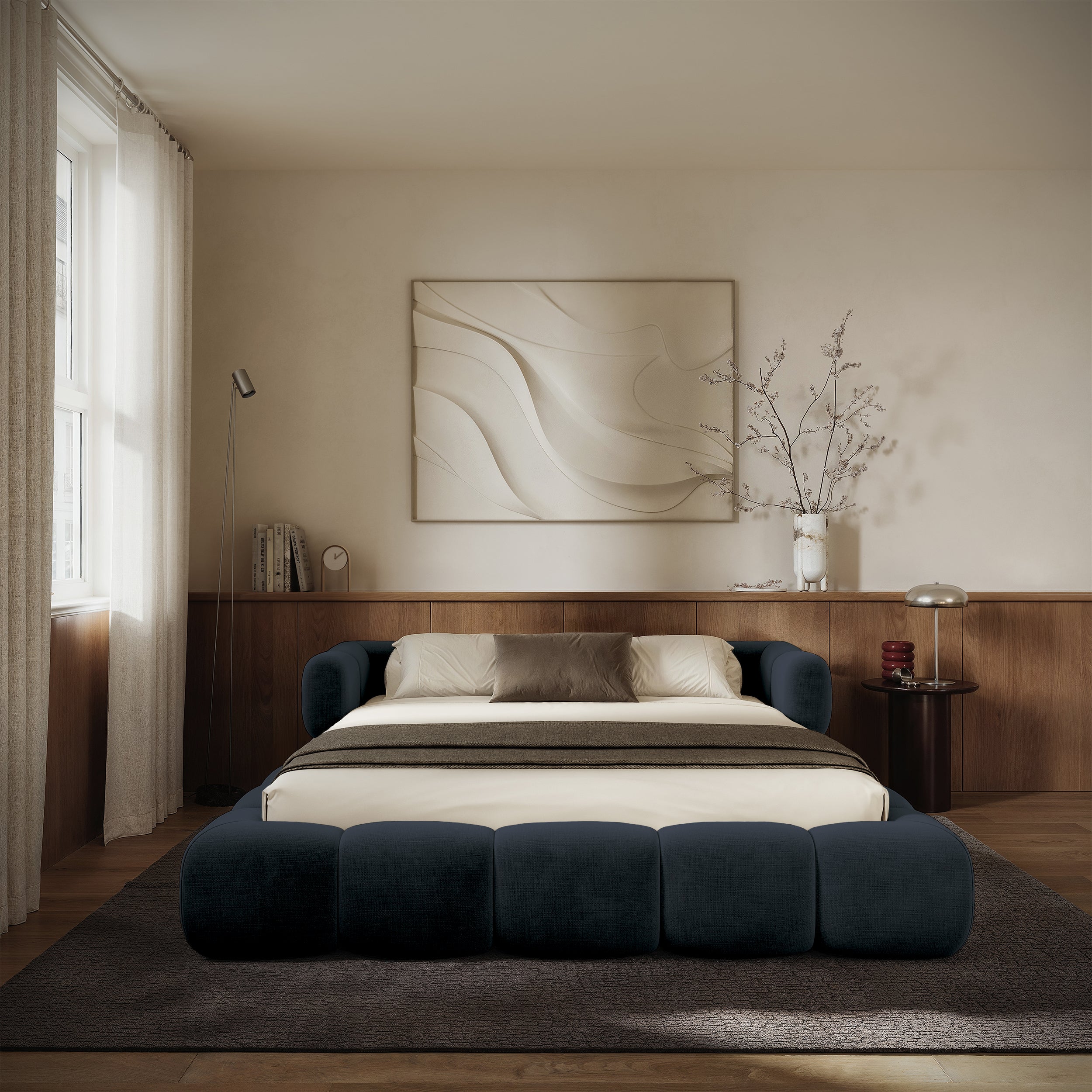 Upholstered bed 140x200 cm Stormi rollable frame navy chenille hydrophobic easy-clean