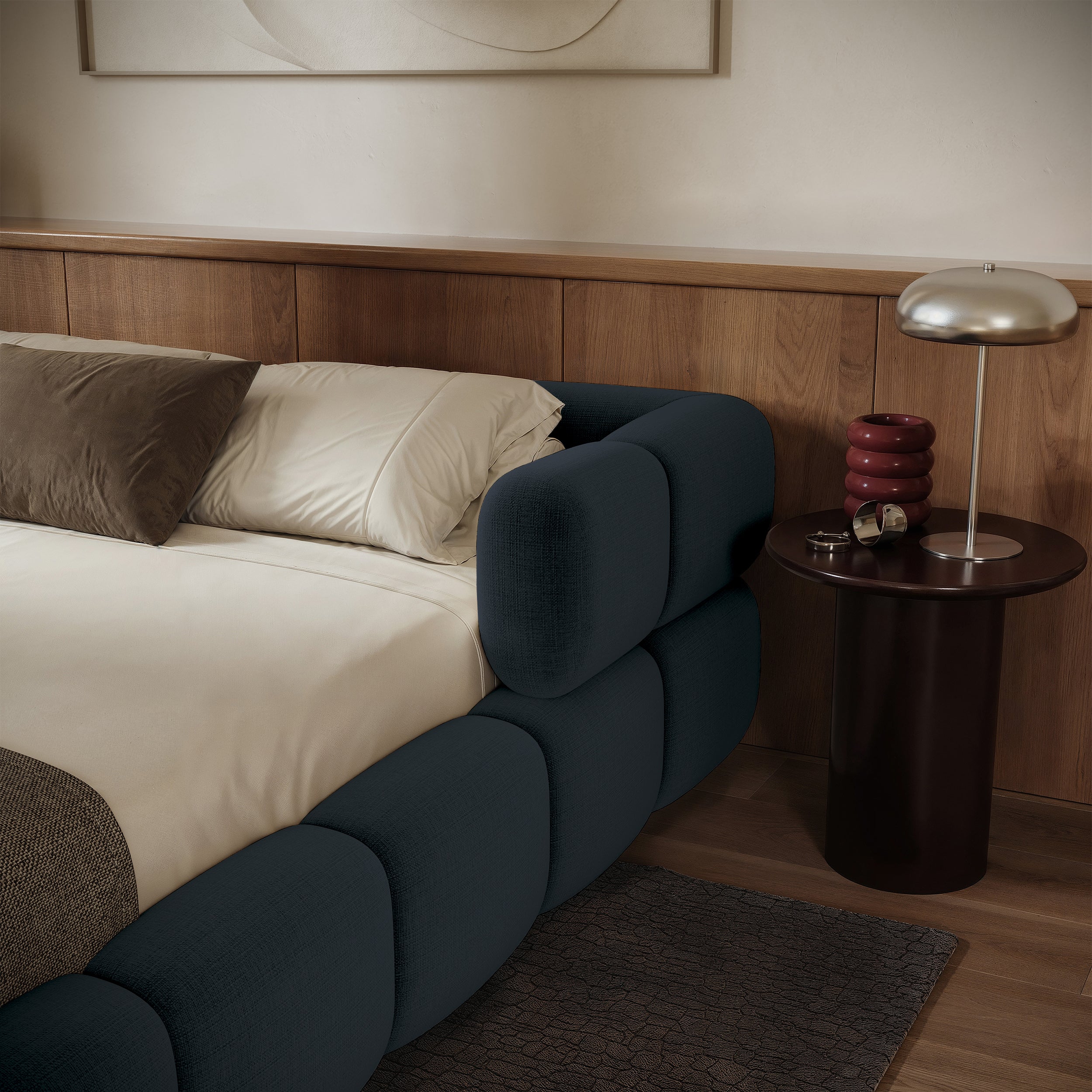 Upholstered bed 140x200 cm Stormi rollable frame navy chenille hydrophobic easy-clean