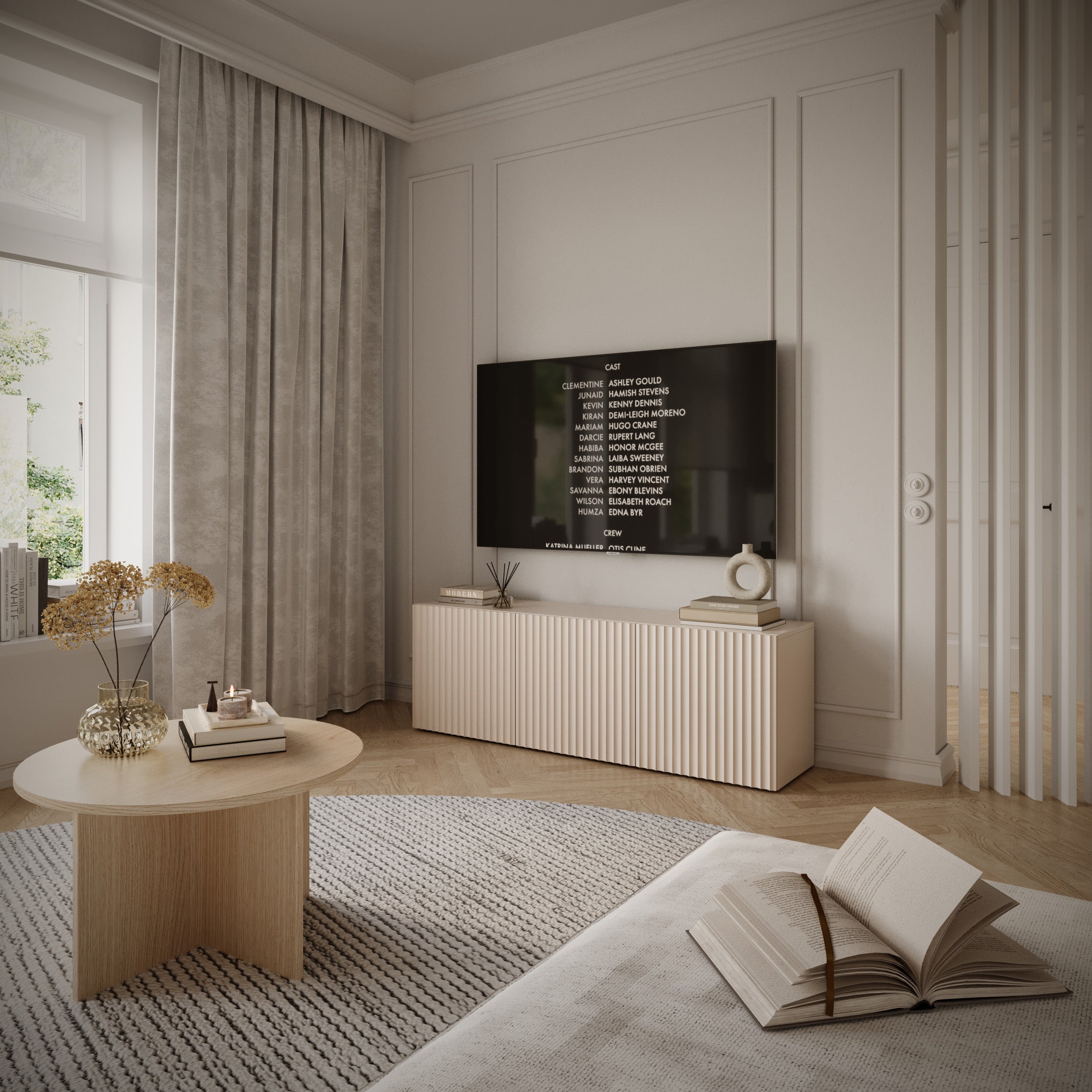 Drehtüriger TV-Schrank Sunds mit gerillten Fronten, 150 cm, Kaschmir