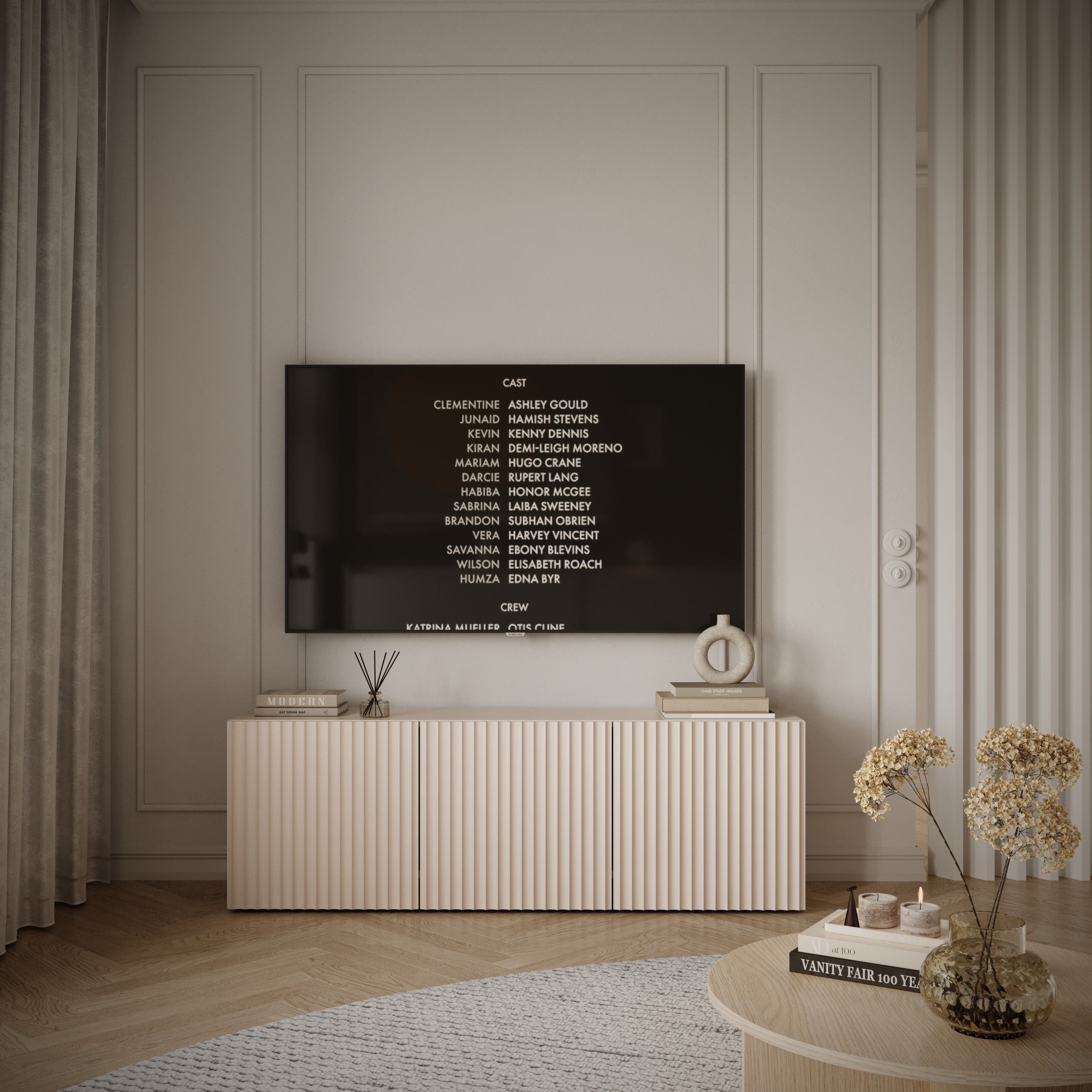 Drehtüriger TV-Schrank Sunds mit gerillten Fronten, 150 cm, Kaschmir