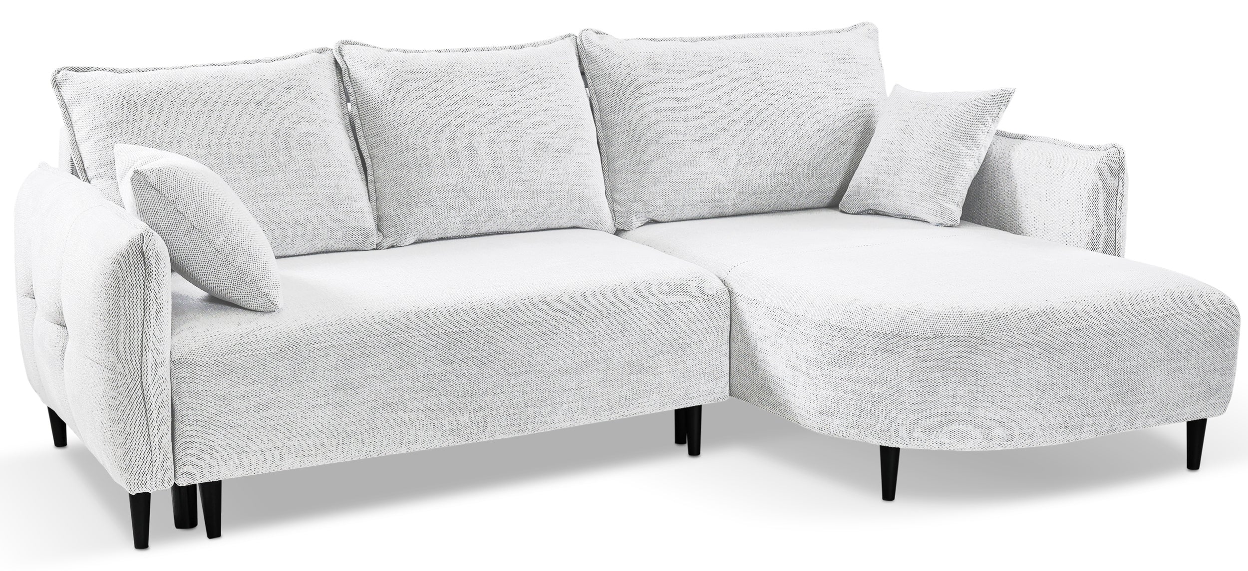 Ecksofa mit Schlaffunktion Oblivio Mini, L-förmig, rechtsseitig, mit Stauraum, weißes Geflecht