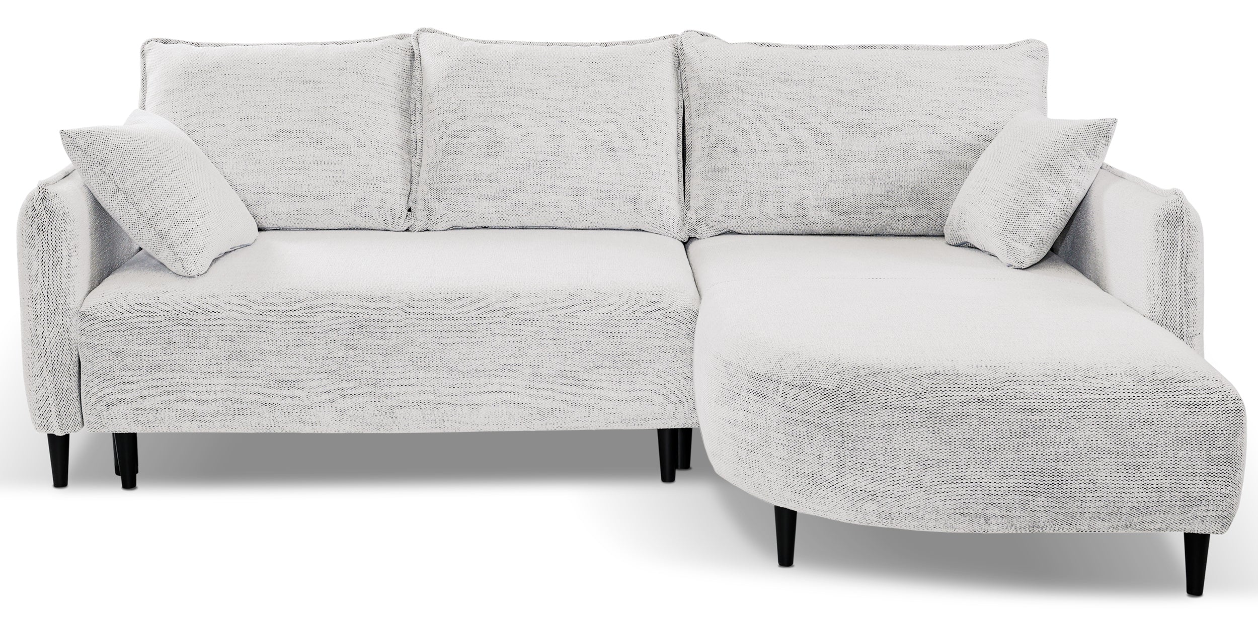 Ecksofa mit Schlaffunktion Oblivio Mini, L-förmig, rechtsseitig, mit Stauraum, weißes Geflecht