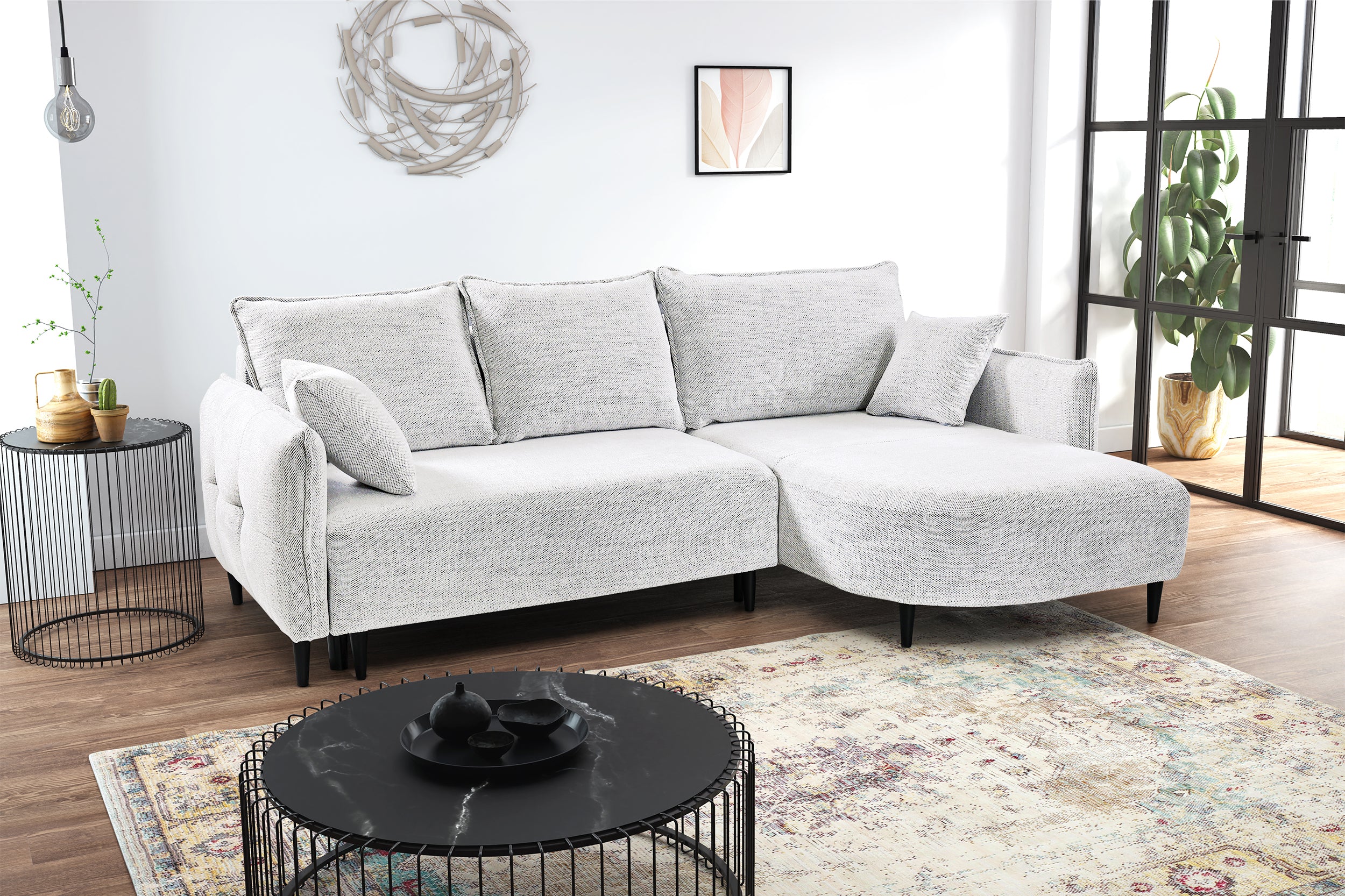 Ecksofa mit Schlaffunktion Oblivio Mini, L-förmig, rechtsseitig, mit Stauraum, weißes Geflecht