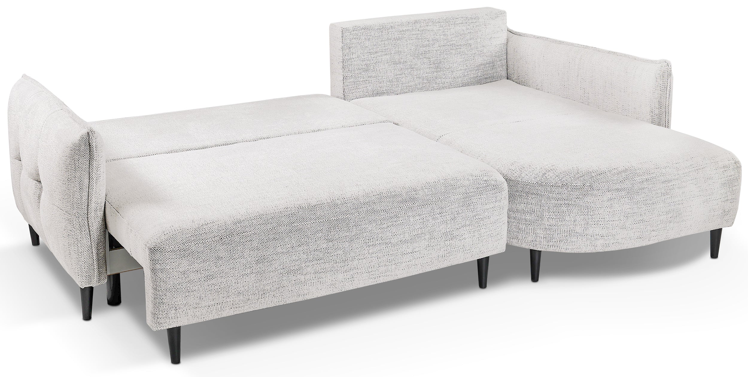 Ecksofa mit Schlaffunktion Oblivio Mini, L-förmig, rechtsseitig, mit Stauraum, weißes Geflecht