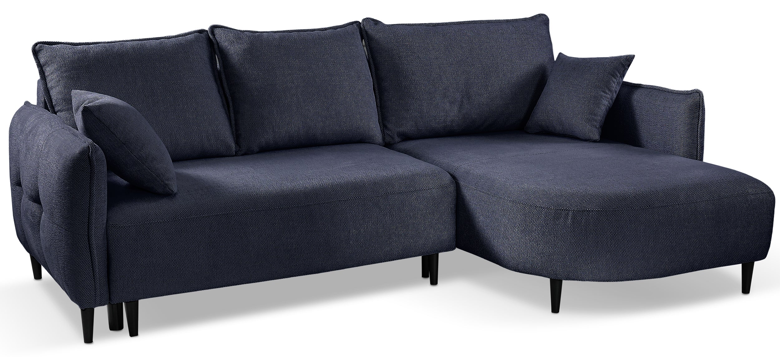 Ecksofa mit Schlaffunktion Oblivio Mini, L-förmig, rechtsseitig, mit Stauraum, marineblaues Geflecht