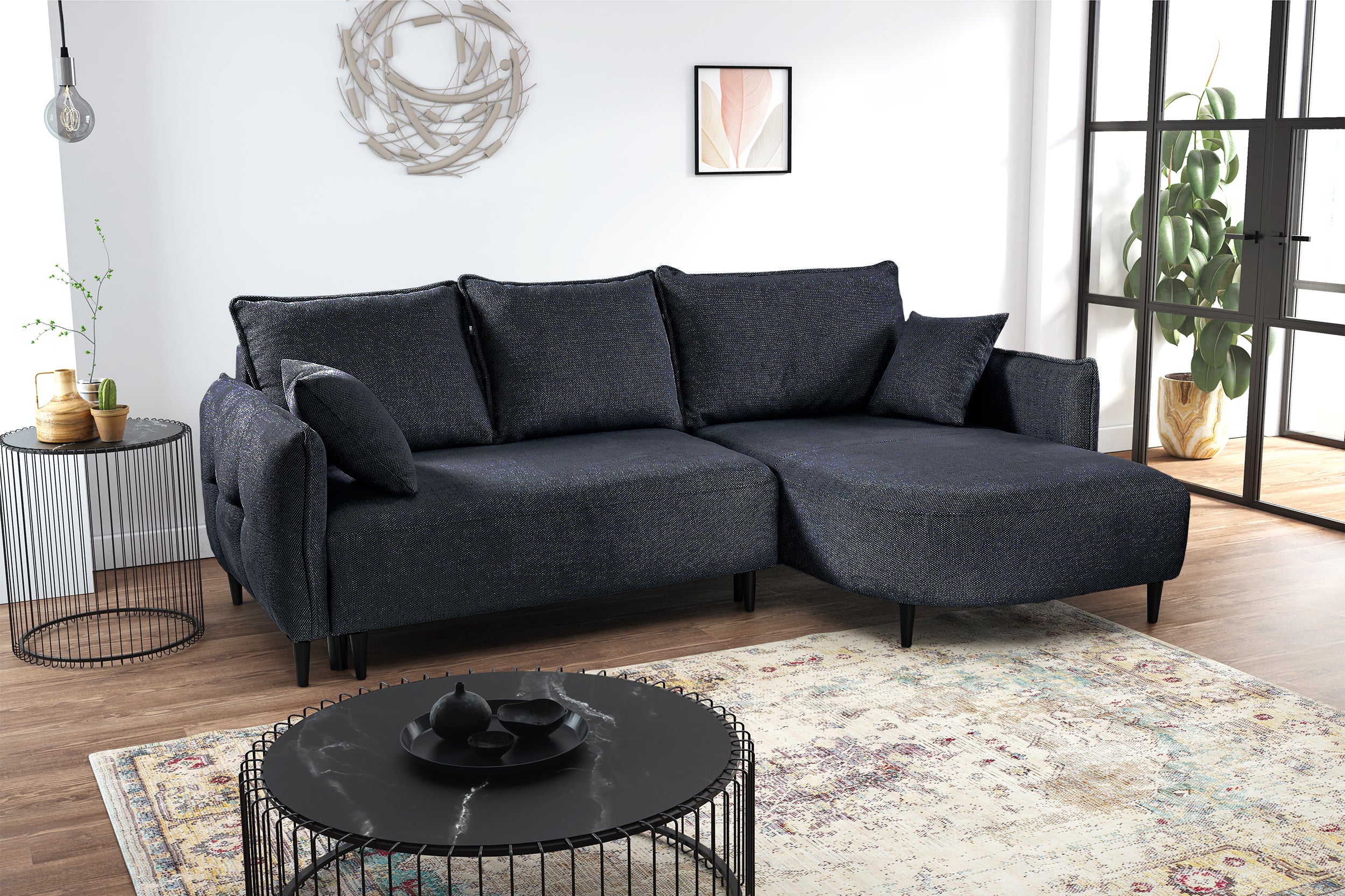 Ecksofa mit Schlaffunktion Oblivio Mini, L-förmig, rechtsseitig, mit Stauraum, marineblaues Geflecht