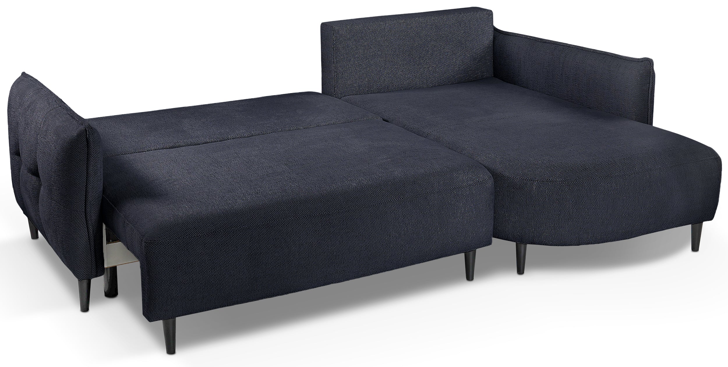 Ecksofa mit Schlaffunktion Oblivio Mini, L-förmig, rechtsseitig, mit Stauraum, marineblaues Geflecht