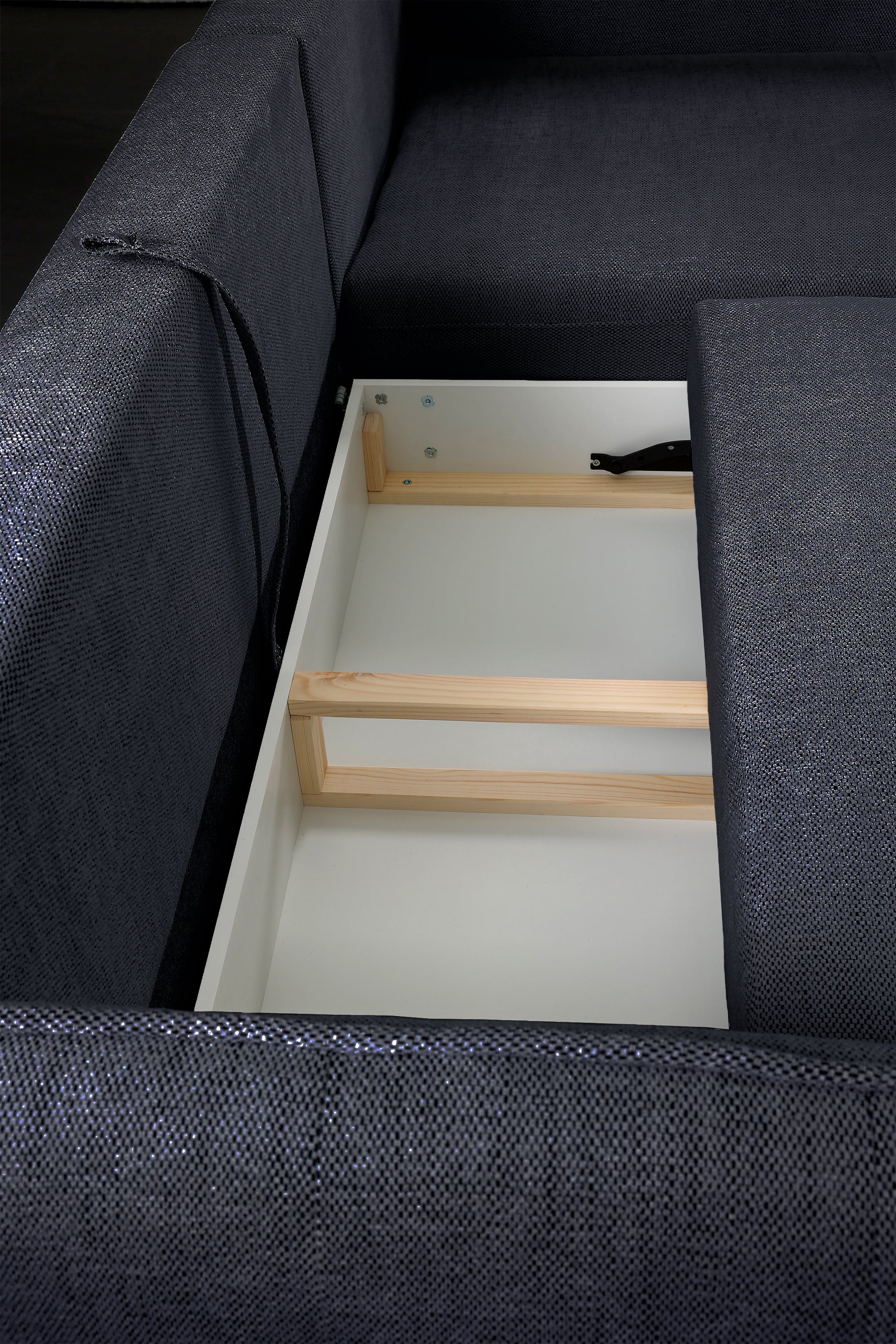 Ecksofa mit Schlaffunktion Oblivio Mini, L-förmig, rechtsseitig, mit Stauraum, marineblaues Geflecht