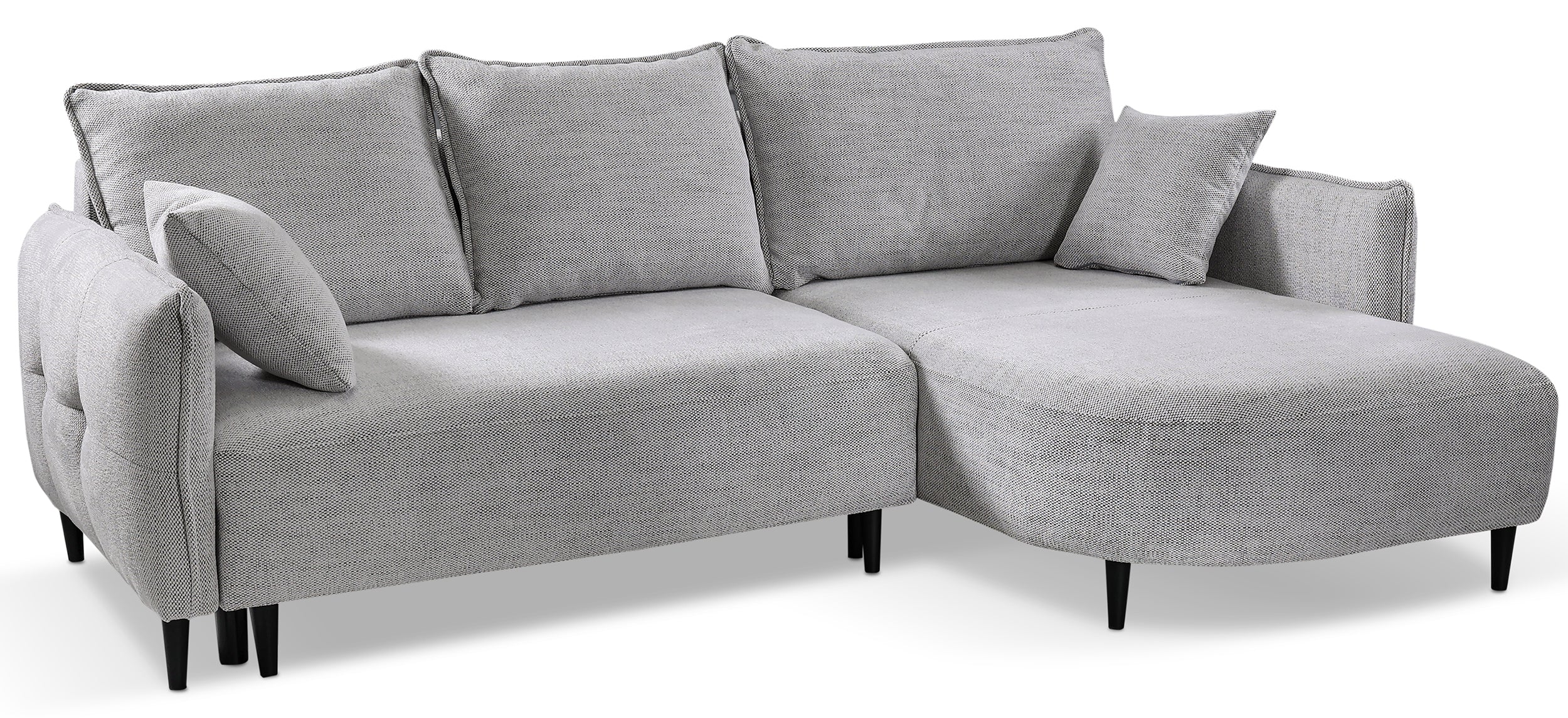 Ecksofa mit Schlaffunktion Oblivio Mini, L-förmig, rechtsseitig, mit Stauraum, hellgrauer Flechtstoff