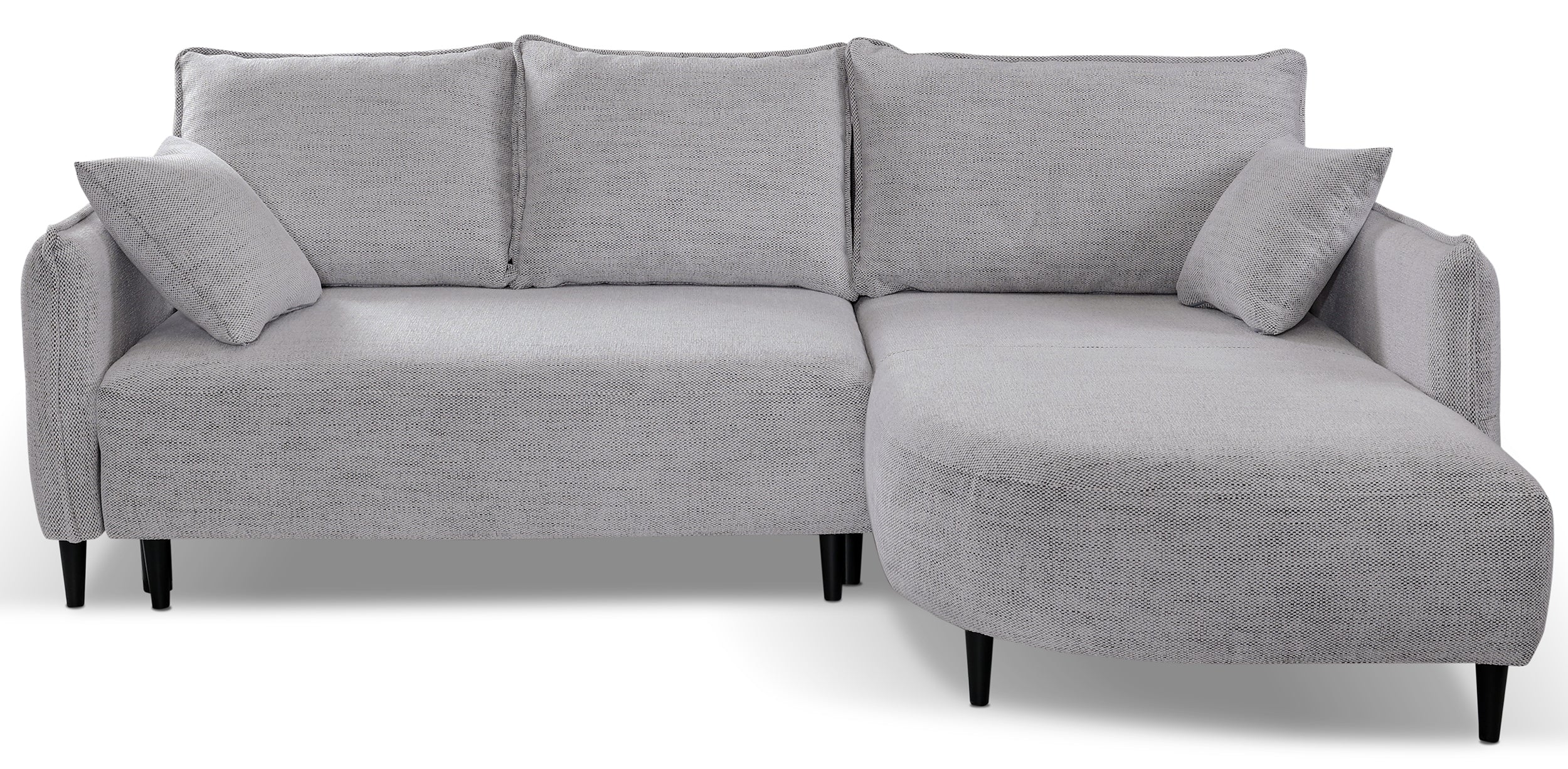 Ecksofa mit Schlaffunktion Oblivio Mini, L-förmig, rechtsseitig, mit Stauraum, hellgrauer Flechtstoff