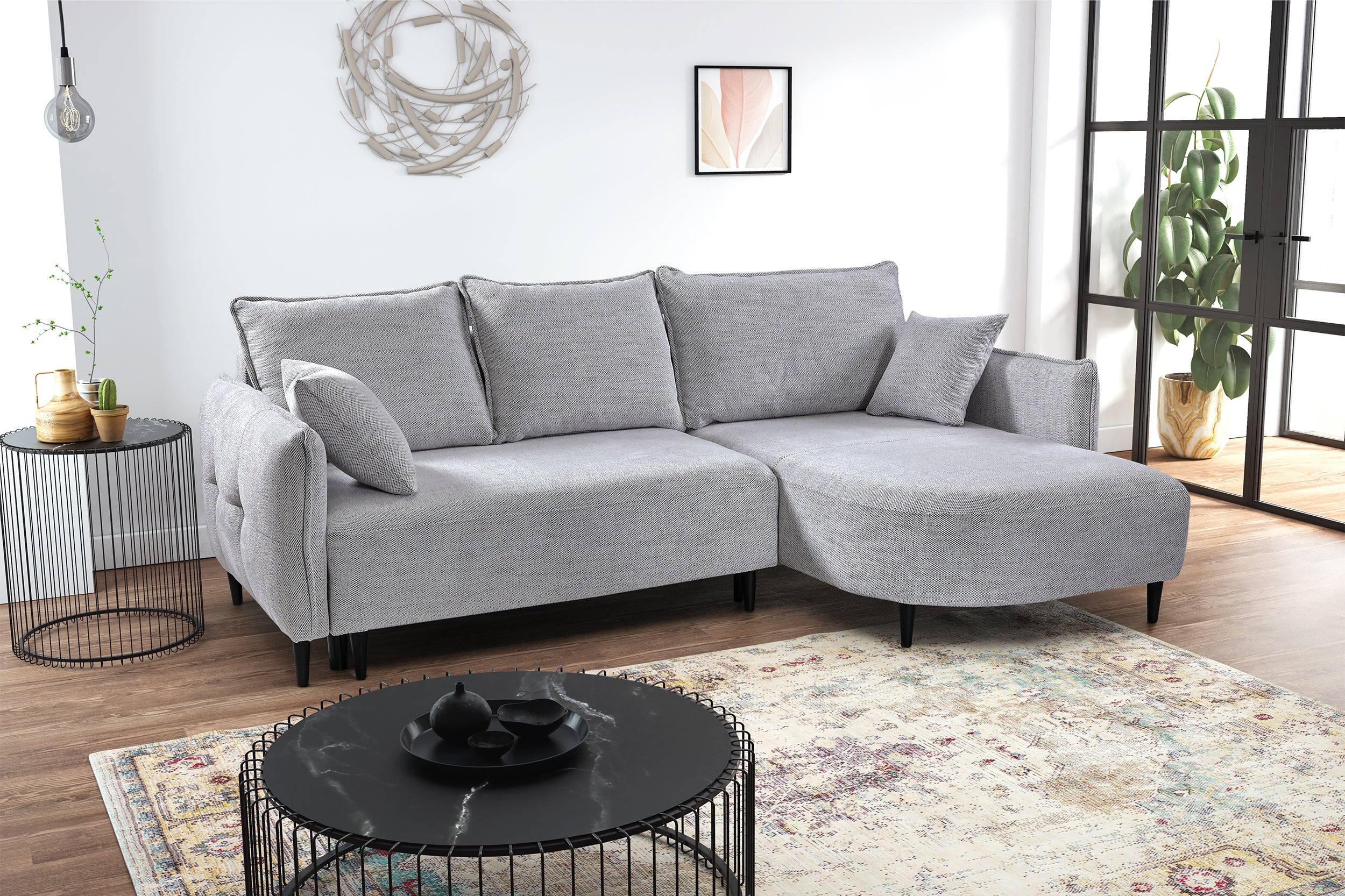 Ecksofa mit Schlaffunktion Oblivio Mini, L-förmig, rechtsseitig, mit Stauraum, hellgrauer Flechtstoff