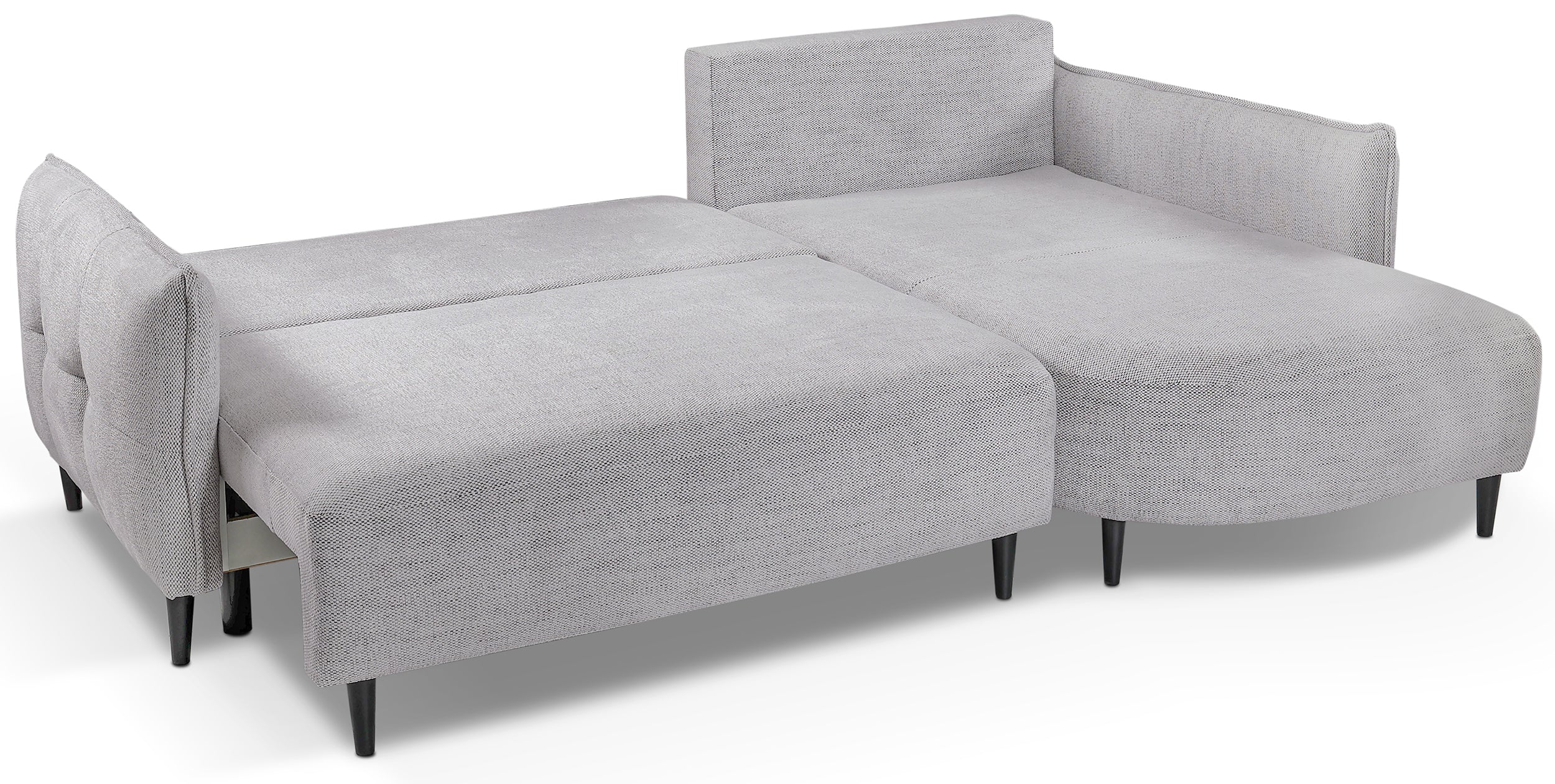 Ecksofa mit Schlaffunktion Oblivio Mini, L-förmig, rechtsseitig, mit Stauraum, hellgrauer Flechtstoff