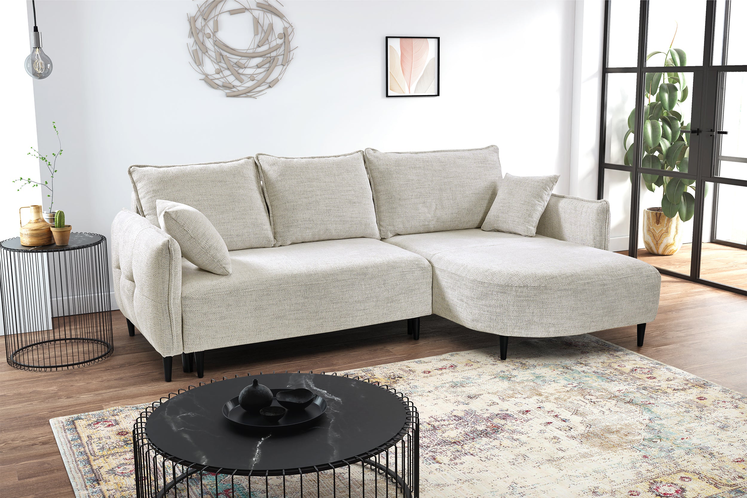 Ecksofa mit Schlaffunktion Oblivio Mini, L-förmig, rechtsseitig, mit Stauraum, beige Flechtmuster