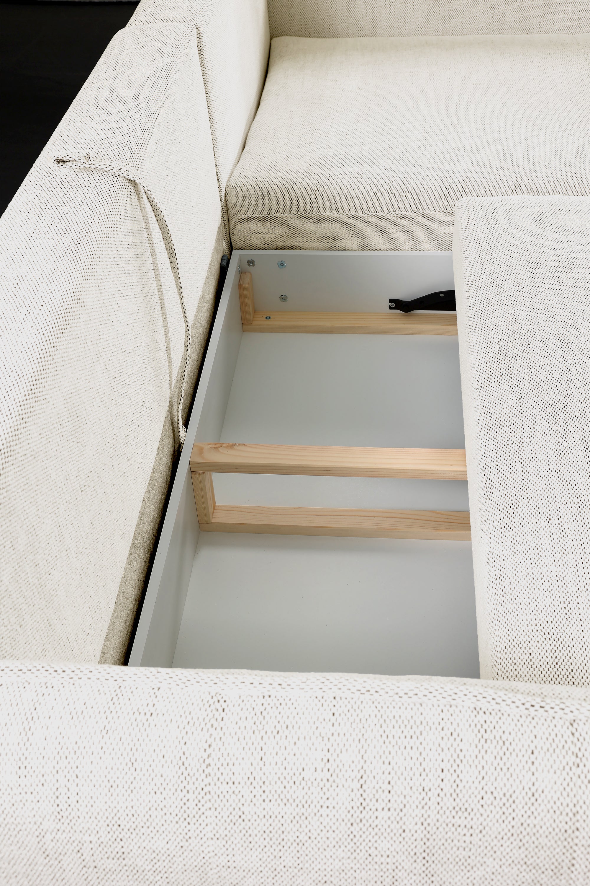 Ecksofa mit Schlaffunktion Oblivio Mini, L-förmig, rechtsseitig, mit Stauraum, beige Flechtmuster